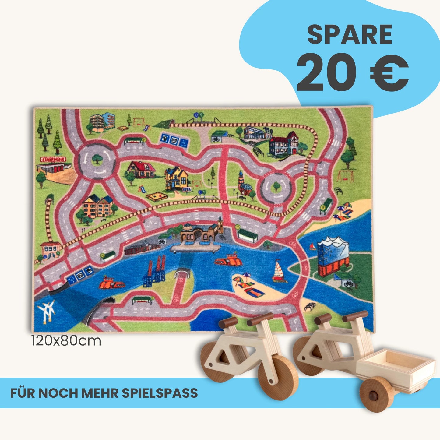Spielteppich Hamburg 120x80cm mit Holzfahrrädern, ideal für kreatives Spiel und nachhaltige Mobilität. Kostenloser Versand ab 90€.