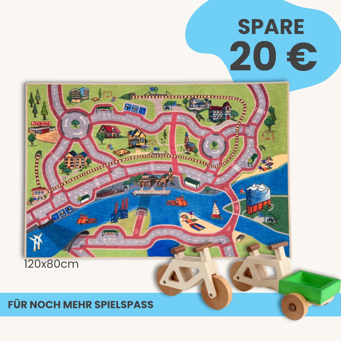 Spielteppich Hamburg 120x80cm mit Holzfahrrädern im Starter-Set für kreatives Spielen, Made in Germany.