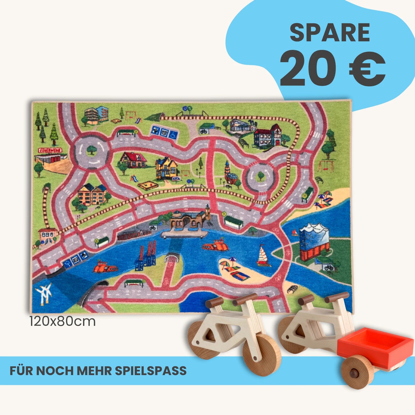Spielteppich Hamburg 120x80cm im Starter-Set mit Holzfahrrädern, ideal für kreatives Spielen und nachhaltige Mobilität.