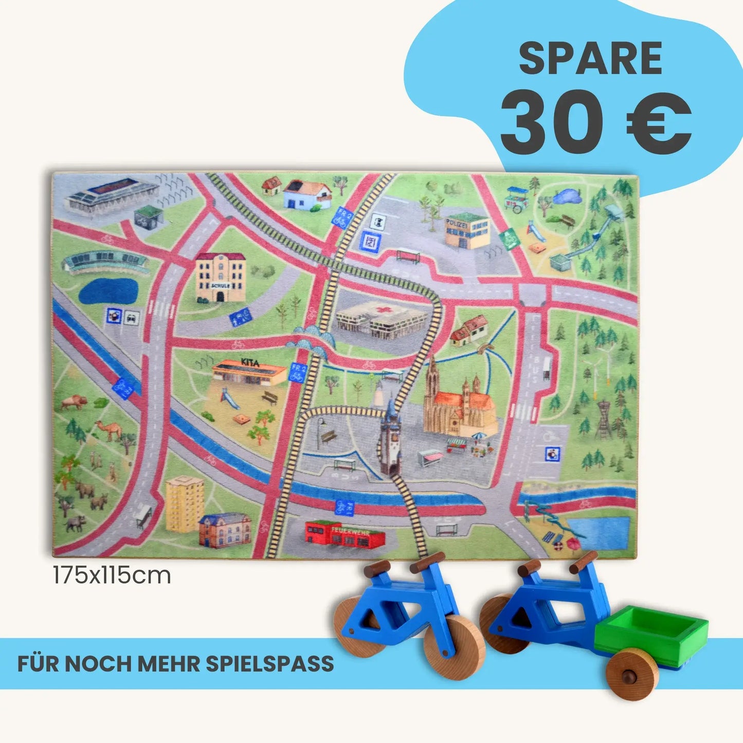 Spielteppich Freiburg 175x115cm im Starter-Set mit handgemalten Stadtmotiven und Spielzeug