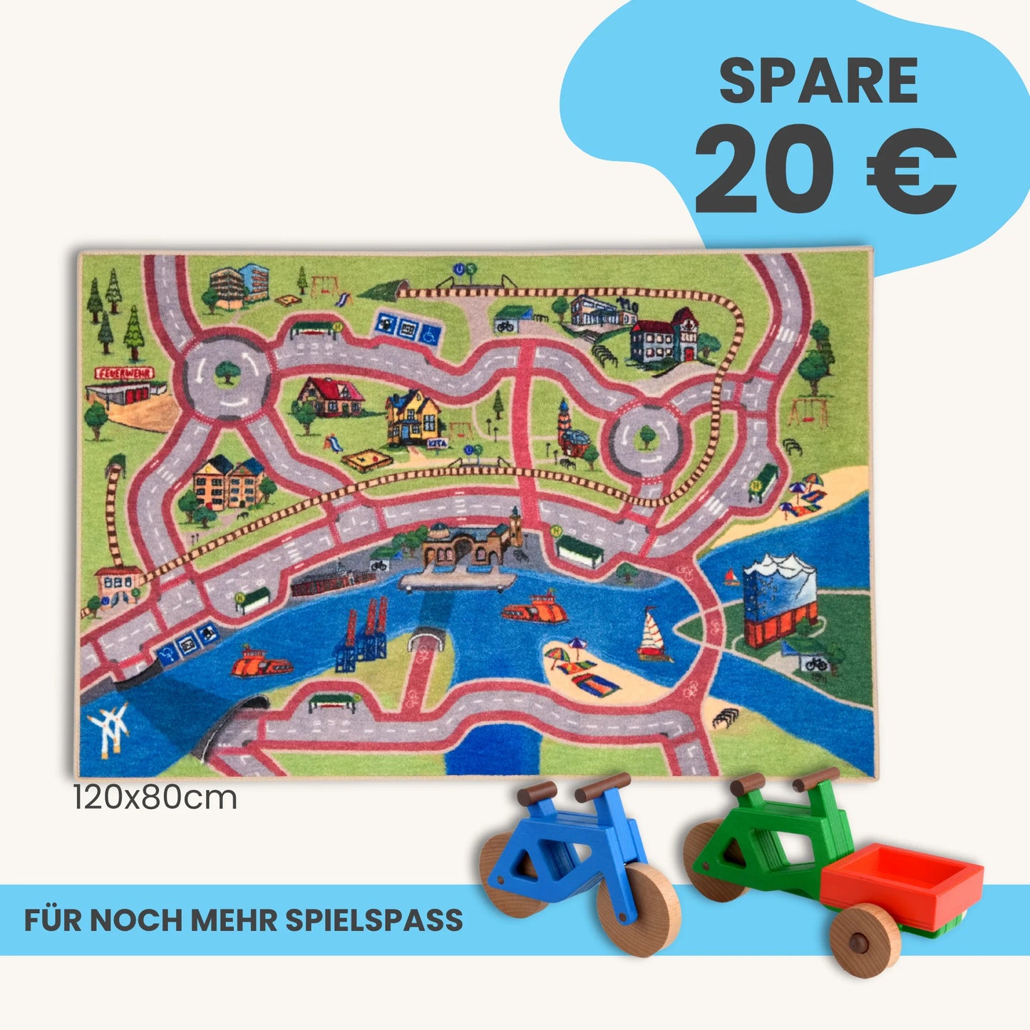 Spielteppich Hamburg 120x80 cm im Starter-Set mit Holzfahrrädern für kreatives Spielen und nachhaltige Mobilität.