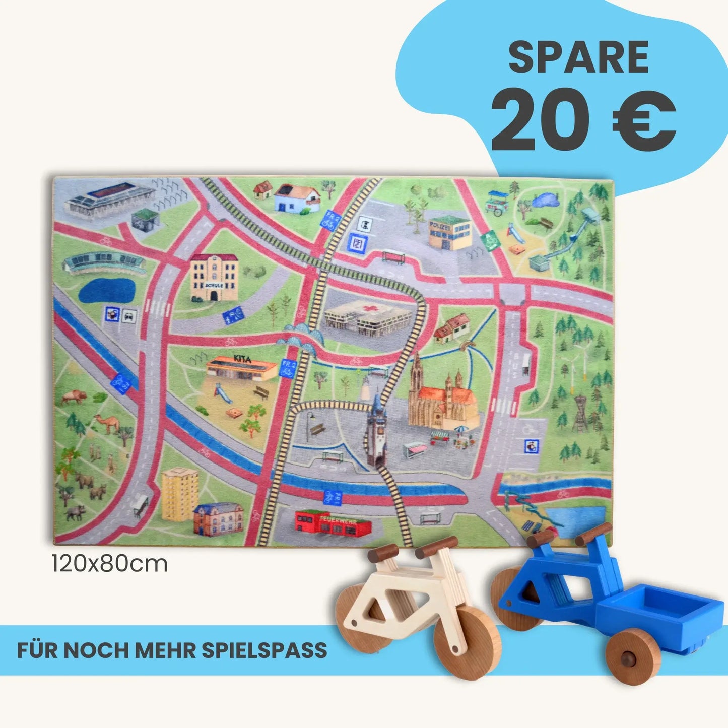 Spielteppich Freiburg 120x80cm Starter-Set mit Straßen und Spielzeugfahrrädern für kreatives Spielen