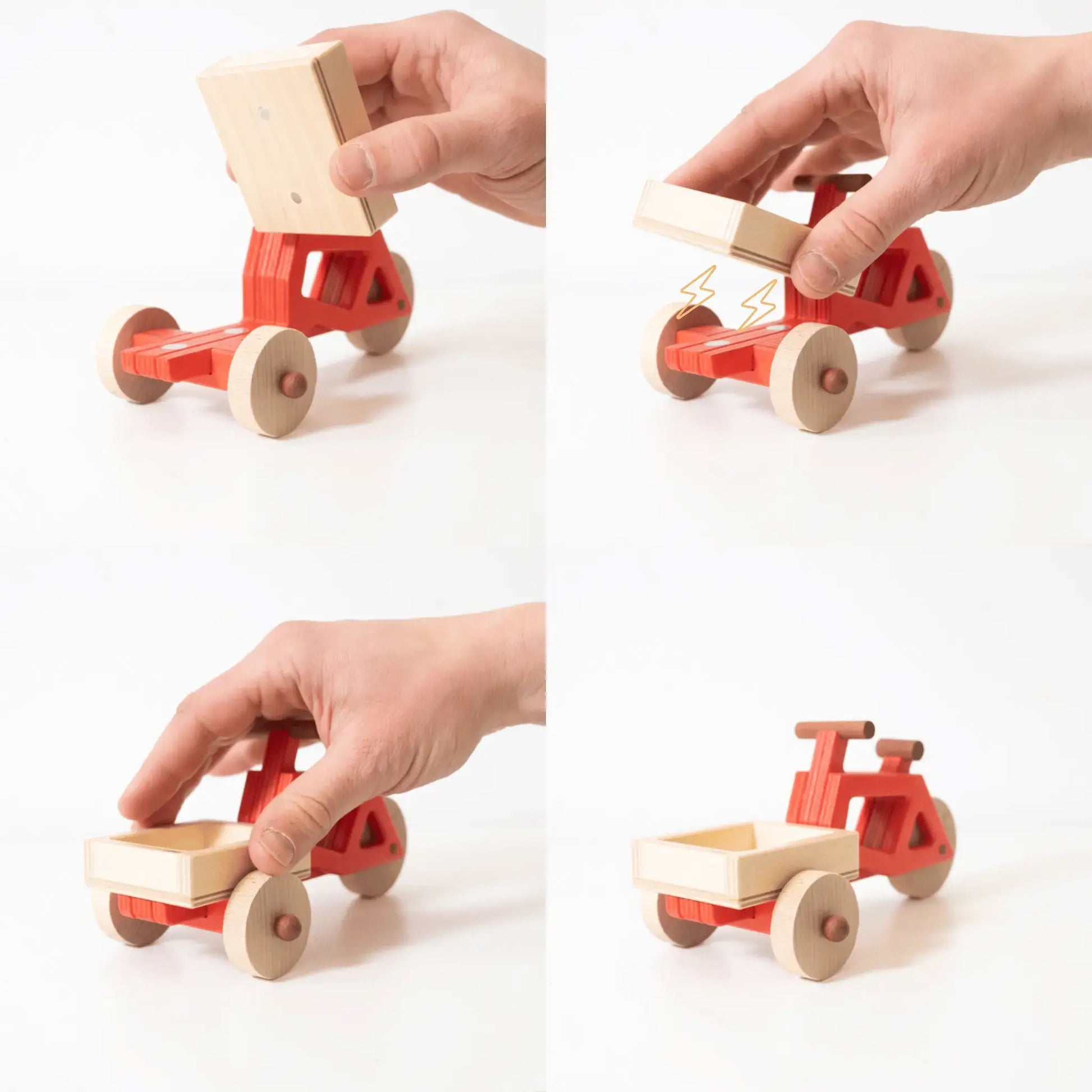 Das Spielwende Spielzeug-Lastenrad aus Holz. Es wird gezeigt, dass die modulare Box für das Lastenrad magnetisch befestigt werden kann.