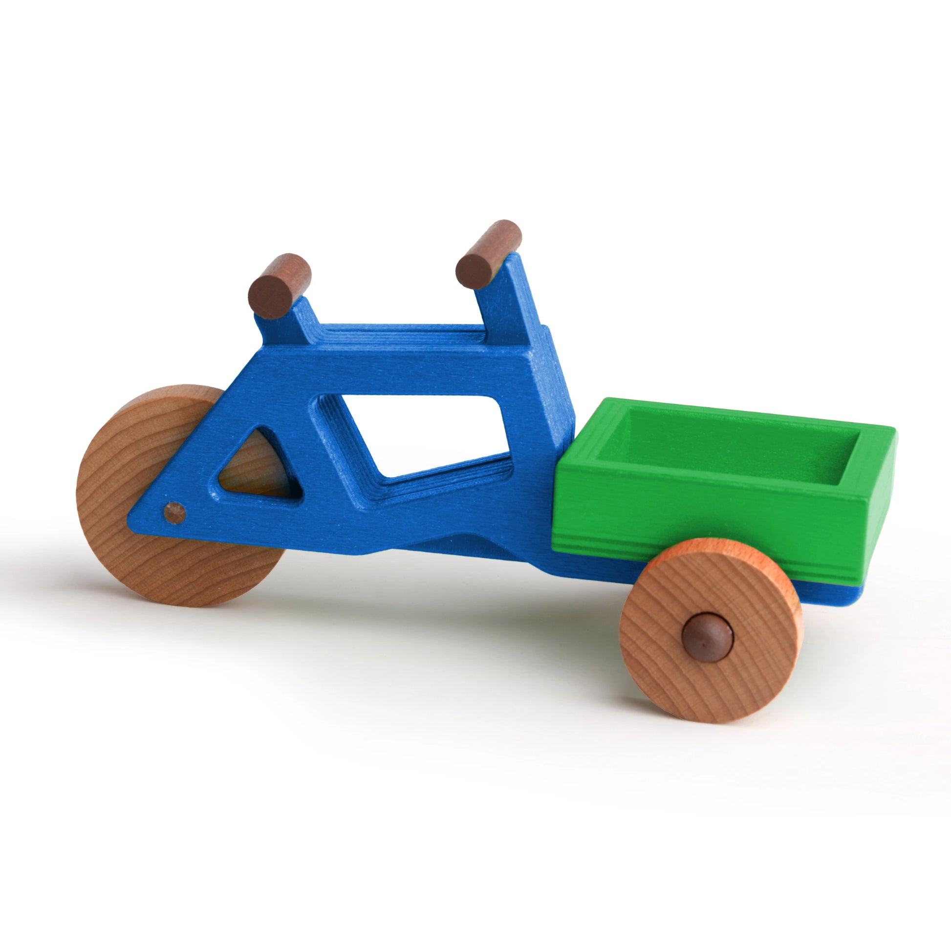 Nachhaltiges Spielzeug-Lastenrad aus Holz, modular mit grünem Aufsatz für Kinder, Made in EU.