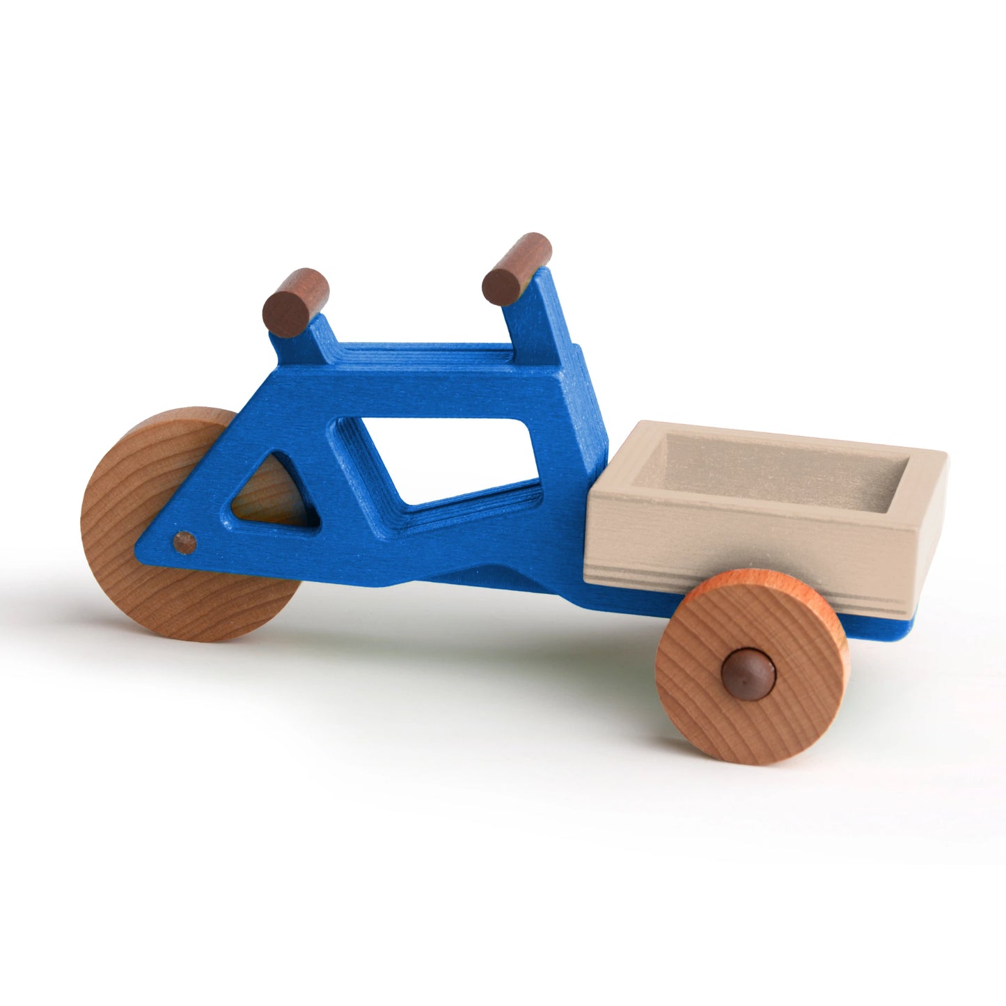 Modular blue wooden toy cargo bike, sustainably made in EU, perfect for children's imaginative play.