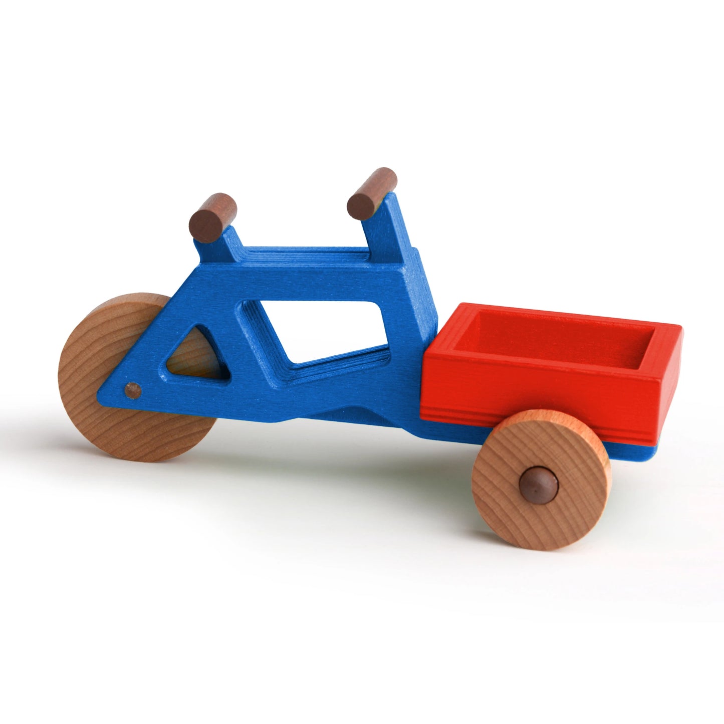 Modular wooden toy cargo bike in blue and red, promoting sustainable play and creativity for children.