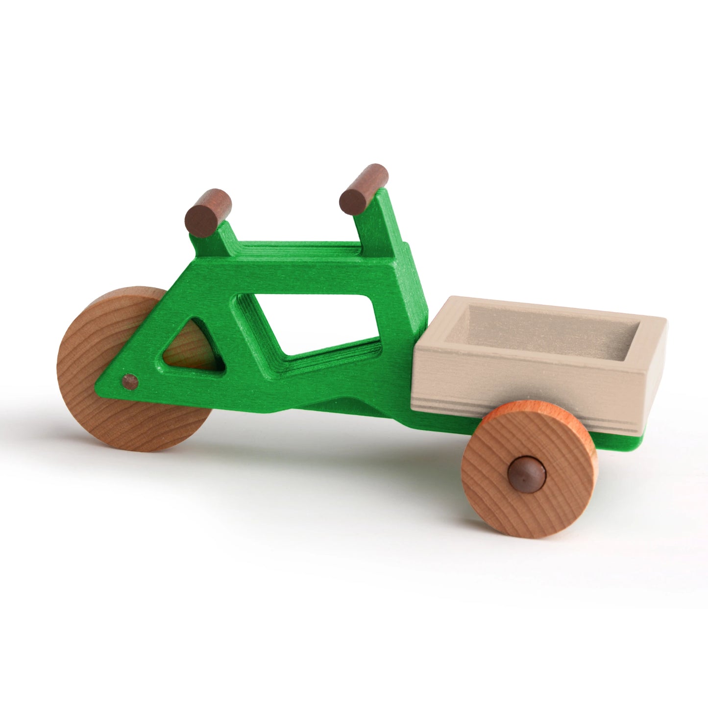 Modular wooden toy cargo bike in green with a removable cargo box, promoting sustainable play for children.