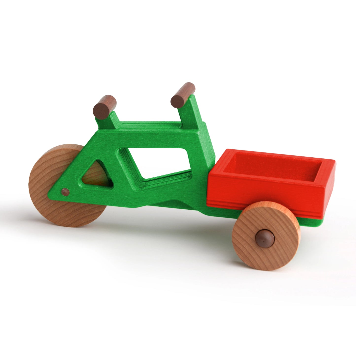 Modulares Spielzeug-Lastenrad aus nachhaltigem Holz, grün mit rotem Aufsatz, fördert kreatives Spielen.