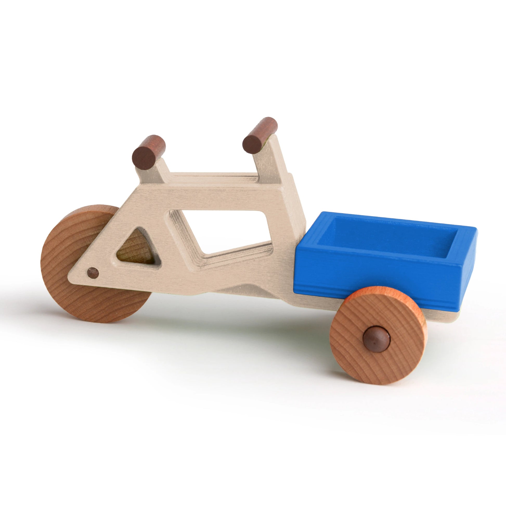 Modular wooden toy cargo bike with blue crate, promoting sustainable play for children, Made in EU.