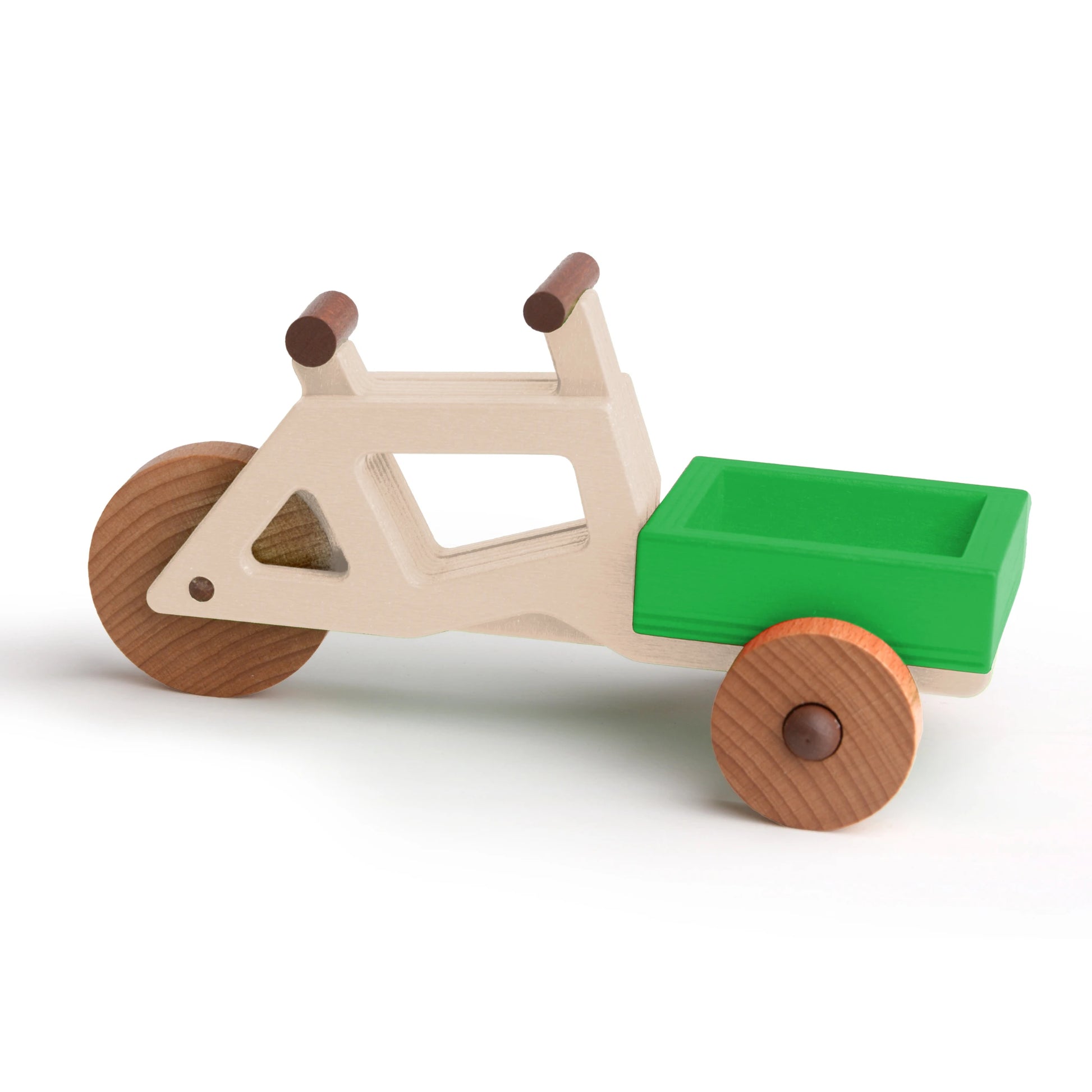 Modulares Spielzeug-Lastenrad aus nachhaltigem Holz, grüne Ladefläche und Holzräder, Made in EU.