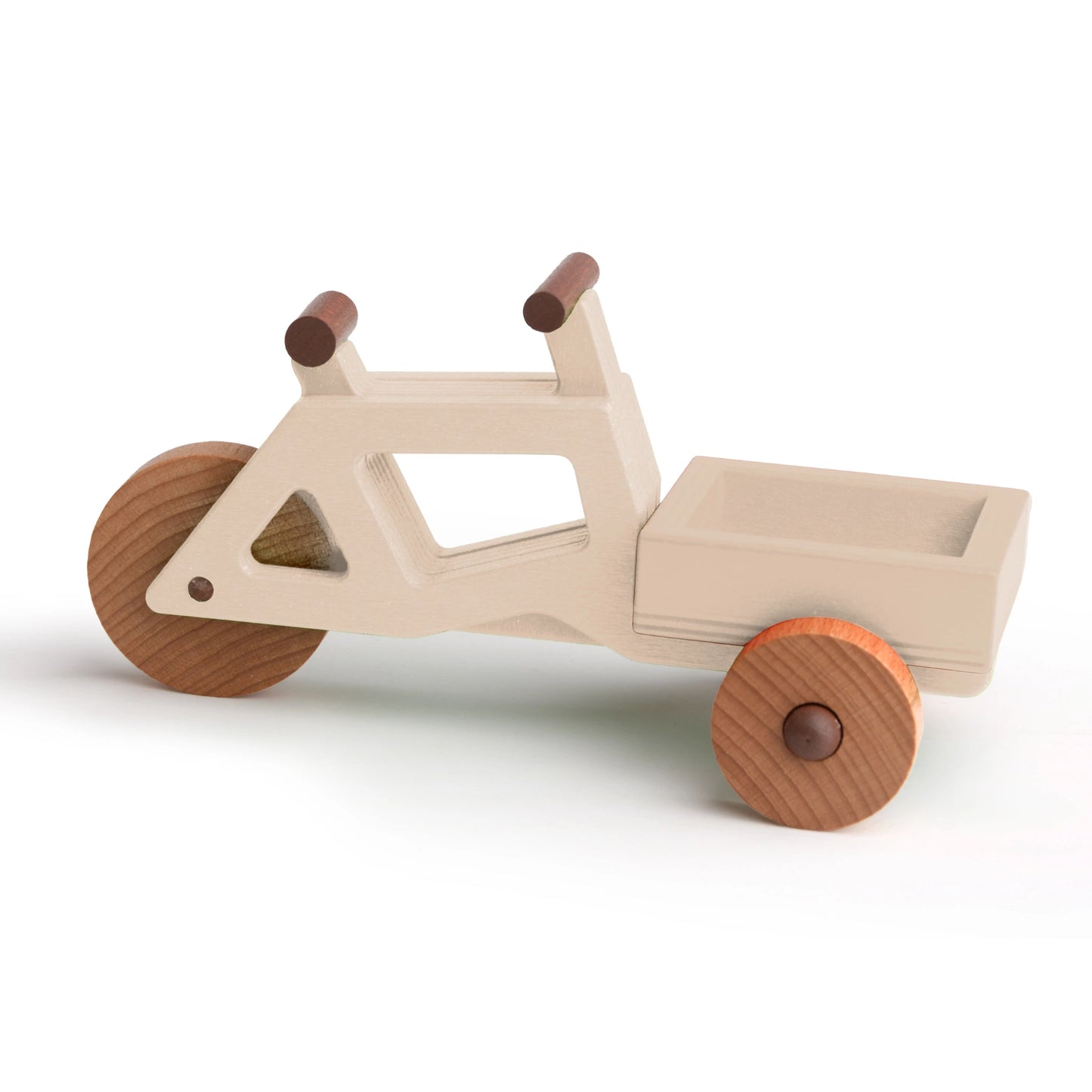 Modular wooden toy cargo bike made from sustainable wood, featuring four attachments for imaginative play.