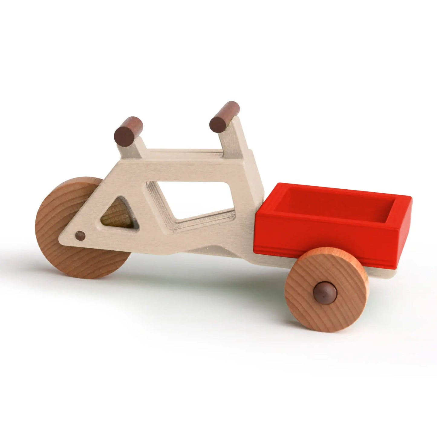 Modular wooden toy cargo bike in sustainable wood with red attachment, promoting imaginative play for children.