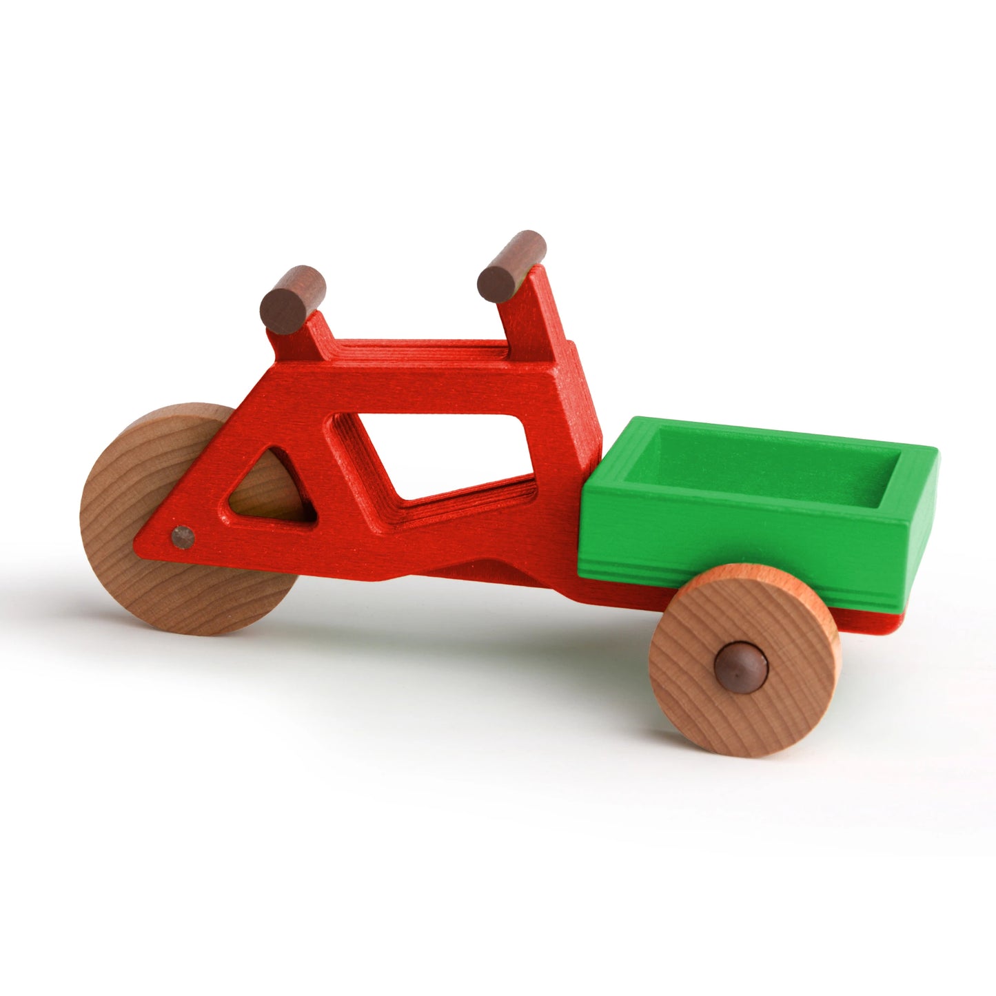 Nachhaltiges Holz-Spielzeug-Lastenrad in rot und grün - modularer Bau, kreatives Kinderspielzeug, Made in EU.