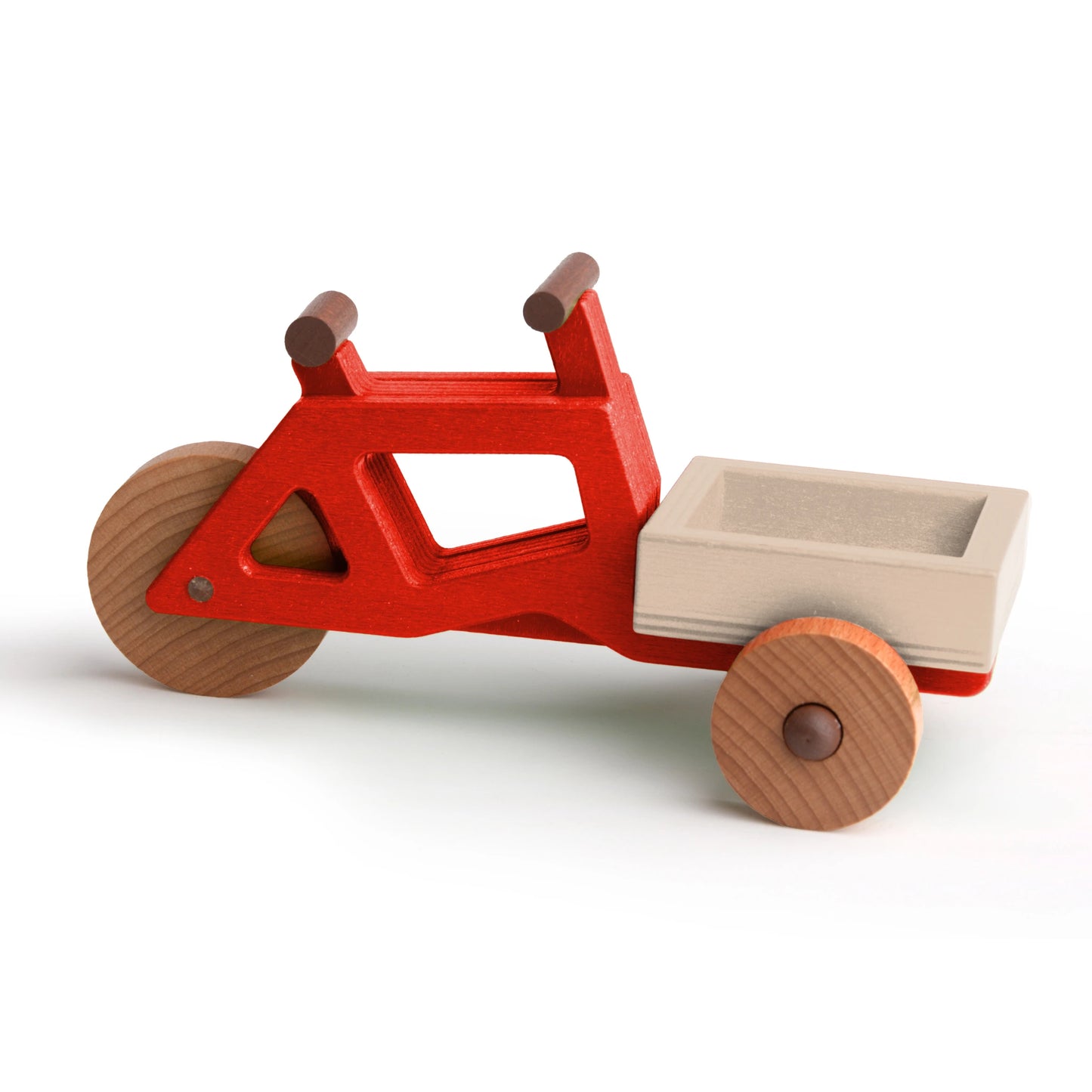 Modular wooden toy cargo bike in red with a detachable box, eco-friendly and certified for kids.