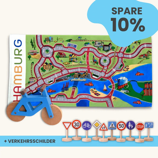 Spielteppich To Go mit Holzfahrrad und Verkehrsschildern, ideal für nachhaltige Mobilität und Spielen, MADE in Germany.