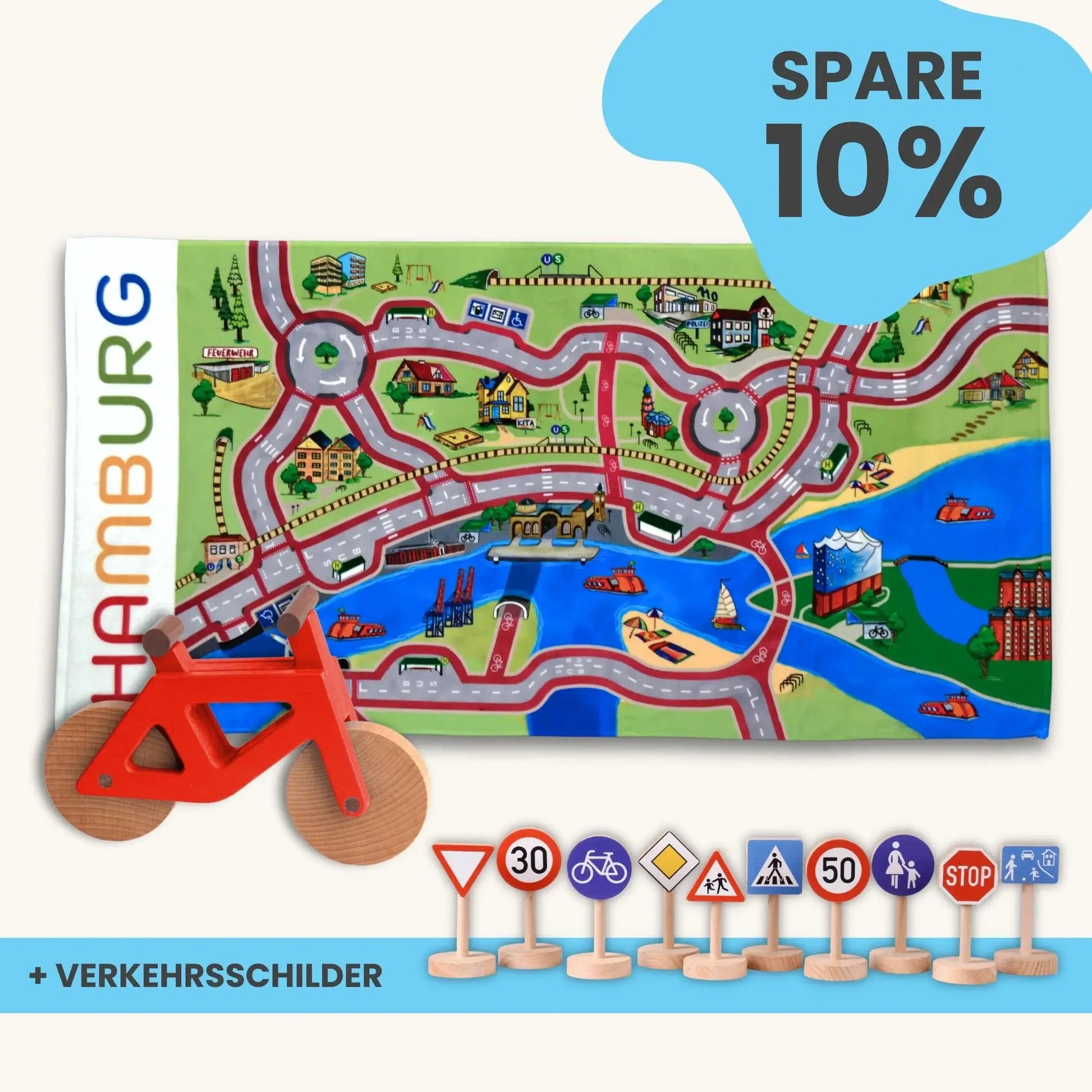 Handtuch Maxi Mobilitätsset To Go with Spielteppich, wooden bike, and traffic signs for kids. OEKO-TEX certified, perfect travel gift.