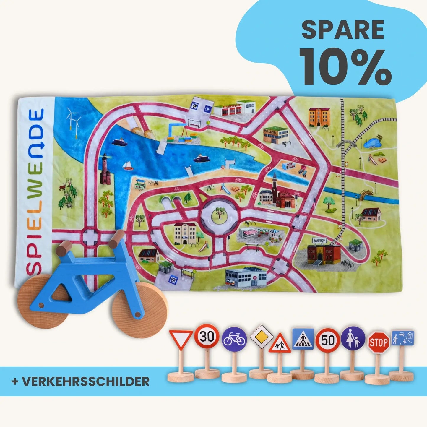 Spielteppich mit Holzfahrrad und Verkehrsschildern, Teil des Handtuch Maxi Mobilitätsset To Go.