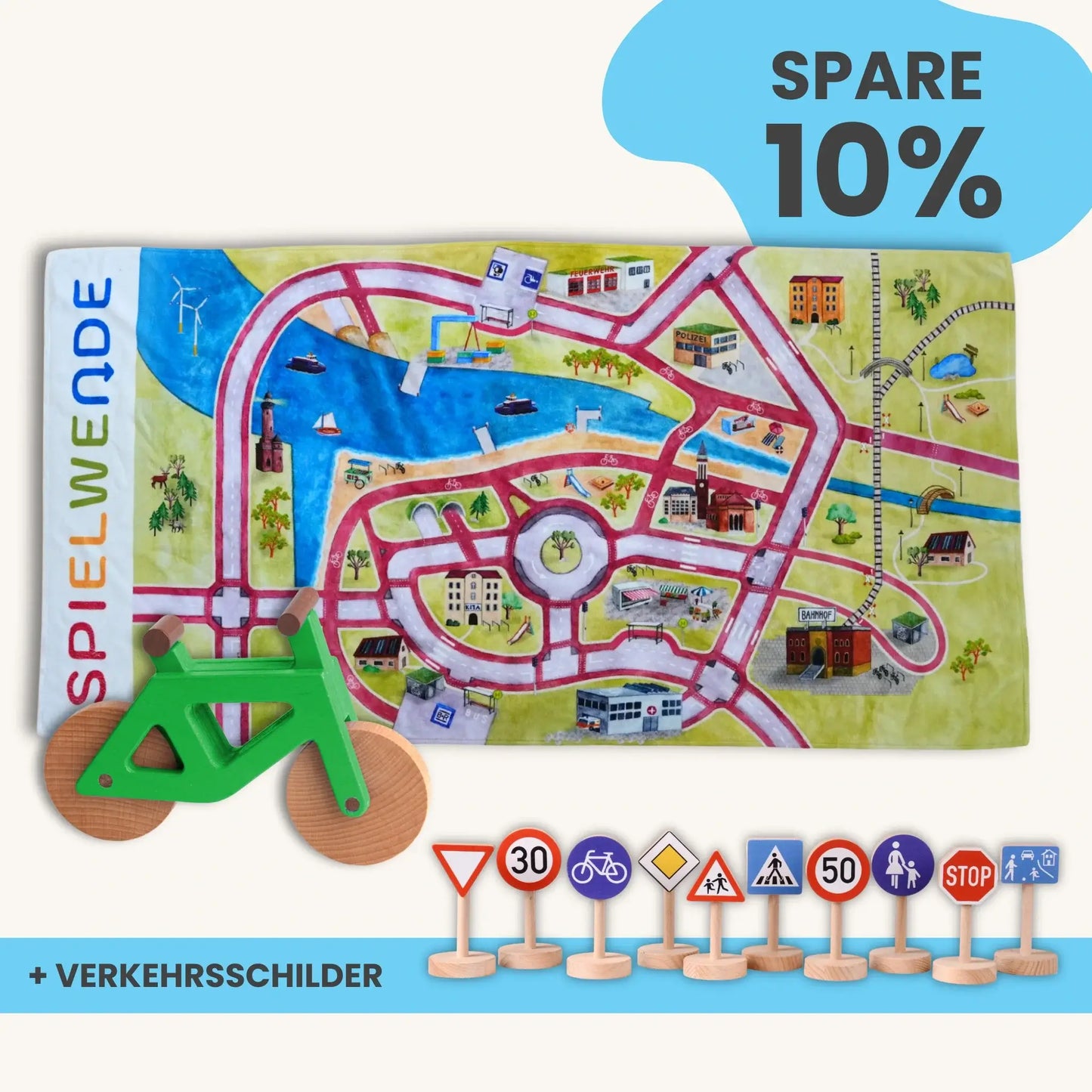 Handtuch Maxi Mobilitätsset mit Spielteppich, Holzfahrrad und Verkehrsschildern für Spiel und Lernen.
