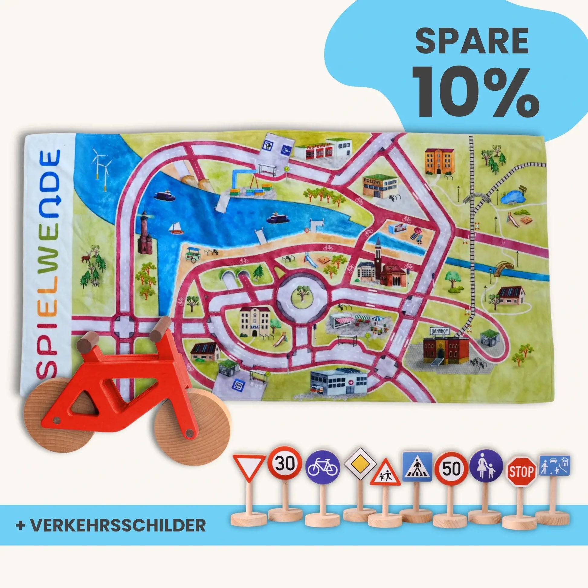Handtuch Maxi Mobilitätsset mit Spielteppich, Holzfahrrad und Verkehrsschildern, OEKO-TEX zertifiziert.