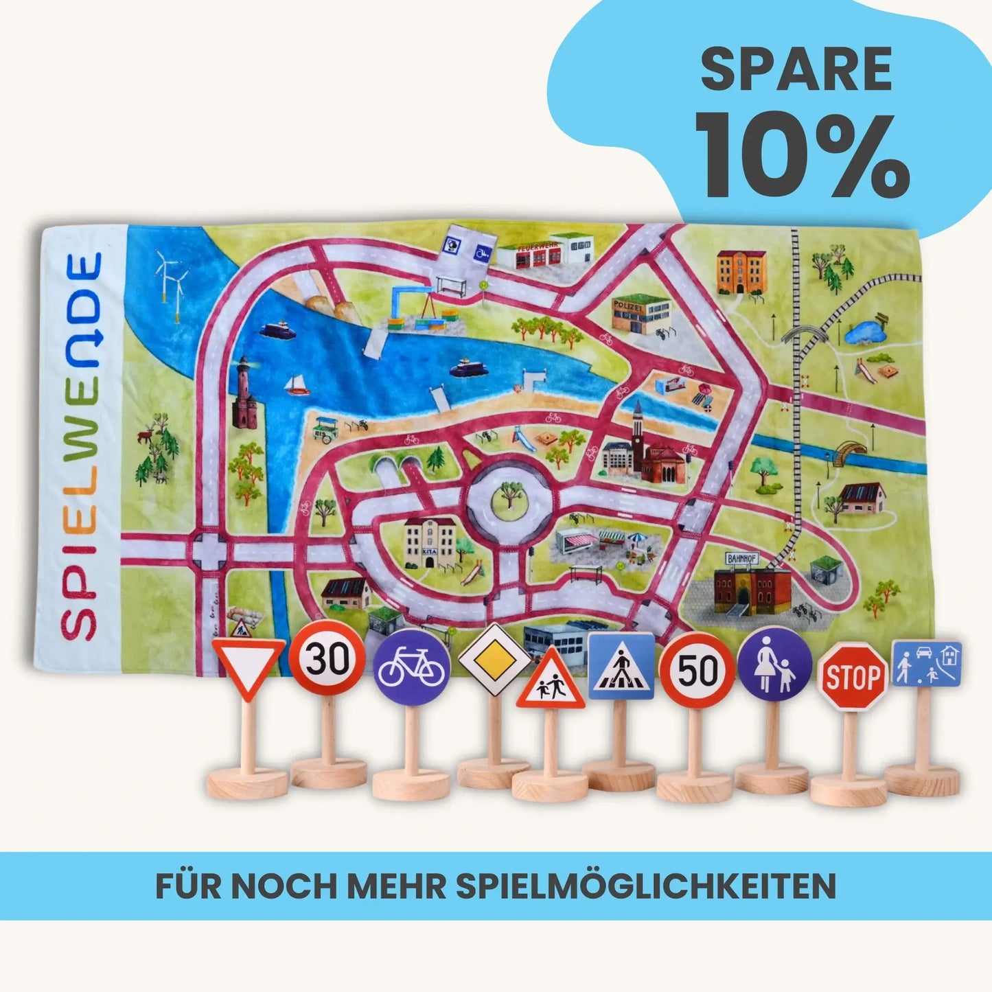 Handtuch Mobilitätsset mit Spielteppich und Holzverkehrsschildern für Kinder, fördert nachhaltige Mobilität.
