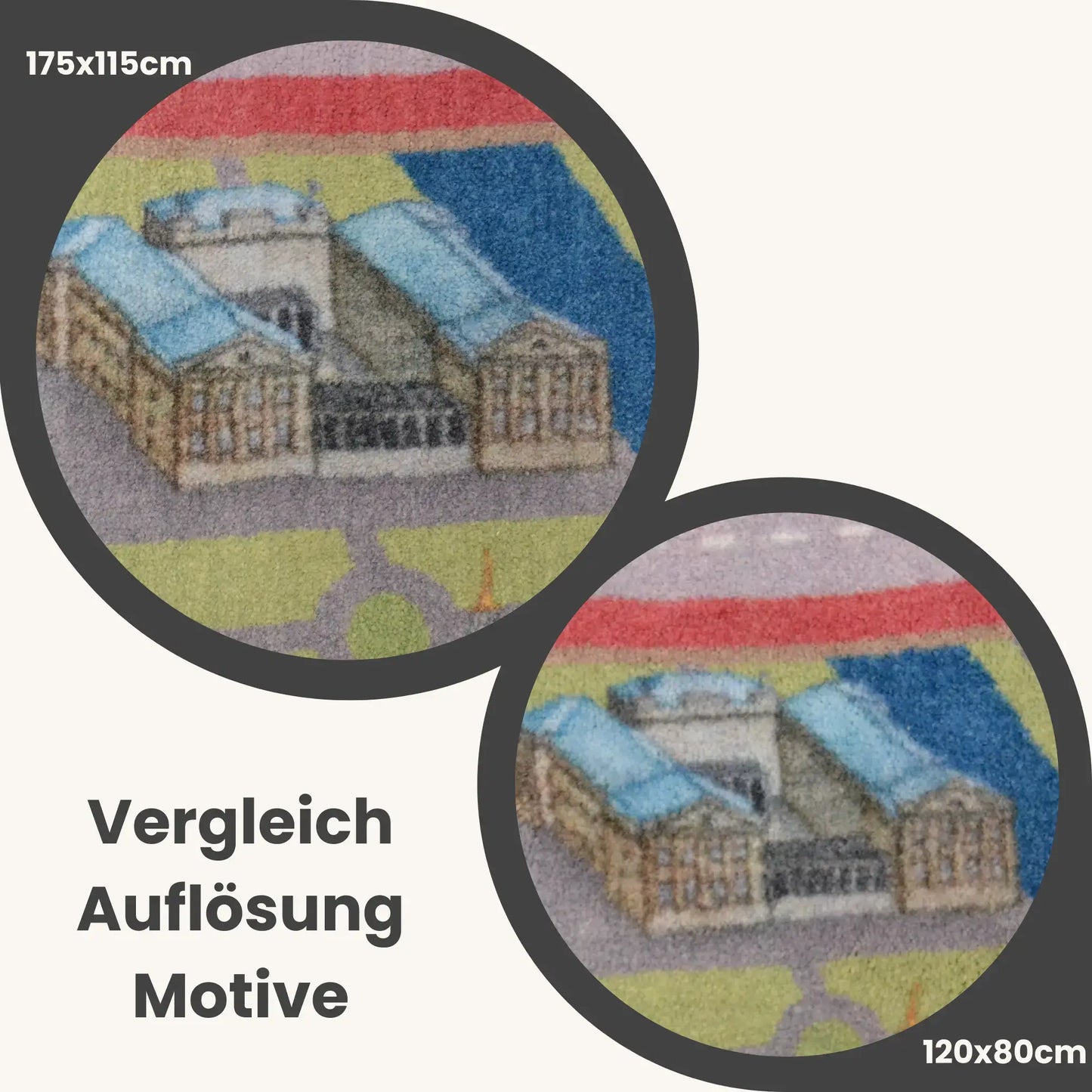Vergleich der Auflösung des Spielteppichs Berlin in 175x115cm und 120x80cm, detailreiche Motive.