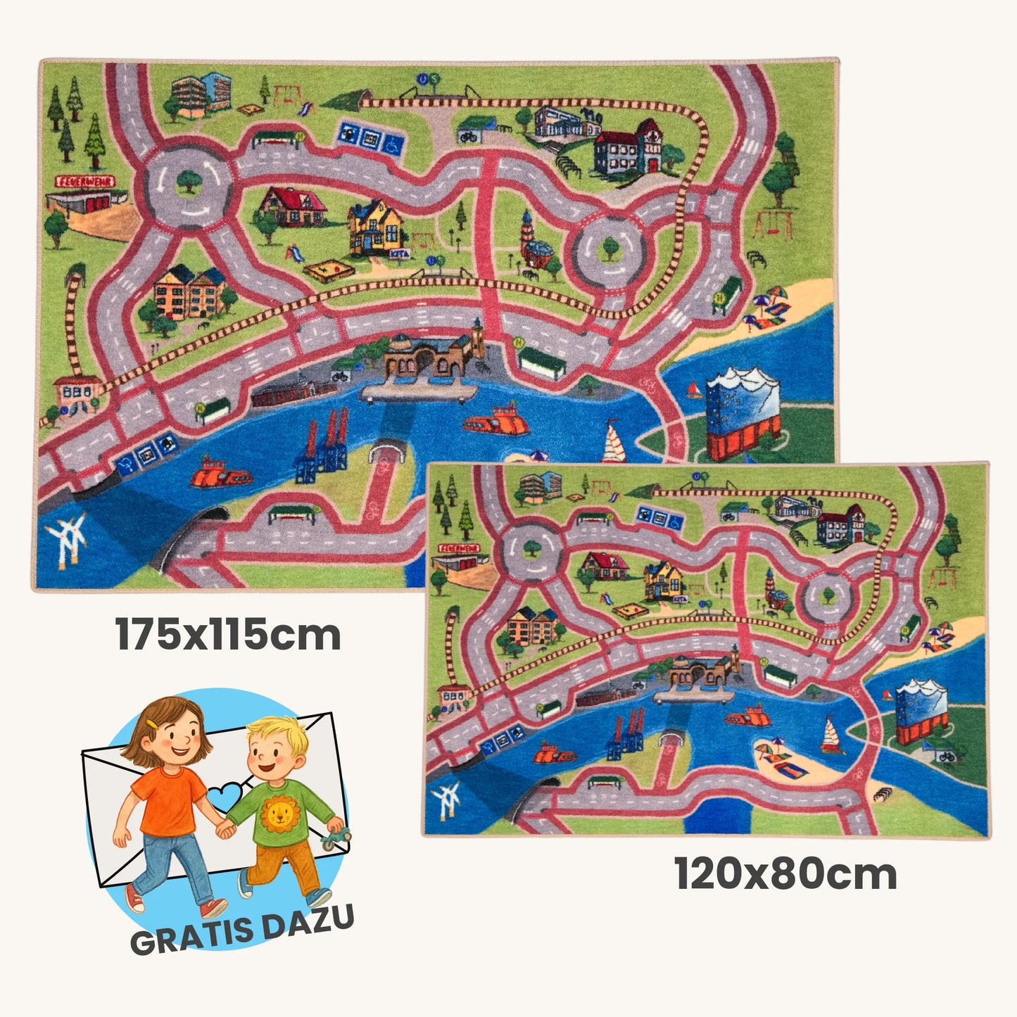 Spielteppich Hamburg in zwei Größen: 120x80cm und 175x115cm, mit authentischen Motiven für kreatives Spiel und nachhaltige Mobilität.