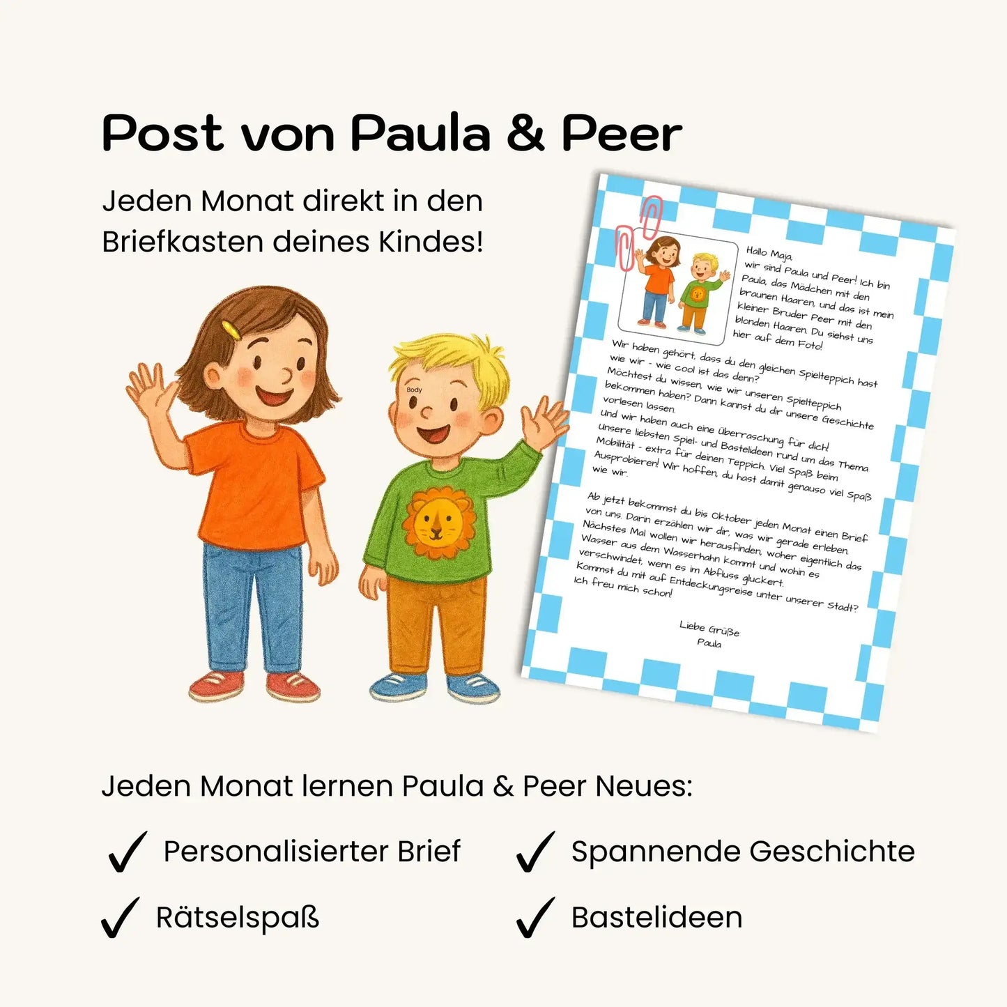 Illustration of children Paula and Peer with a personalized letter, promoting monthly updates for kids.