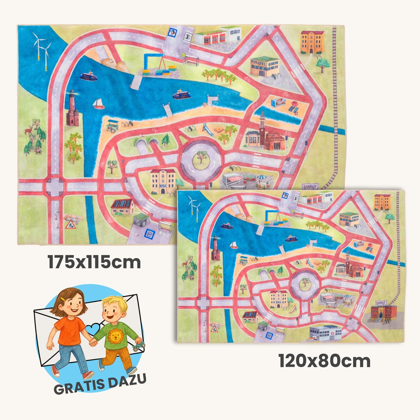 Spielteppich "Stadt von Morgen" in 175x115cm und 120x80cm mit bunten Stadtbildern und Wegen.