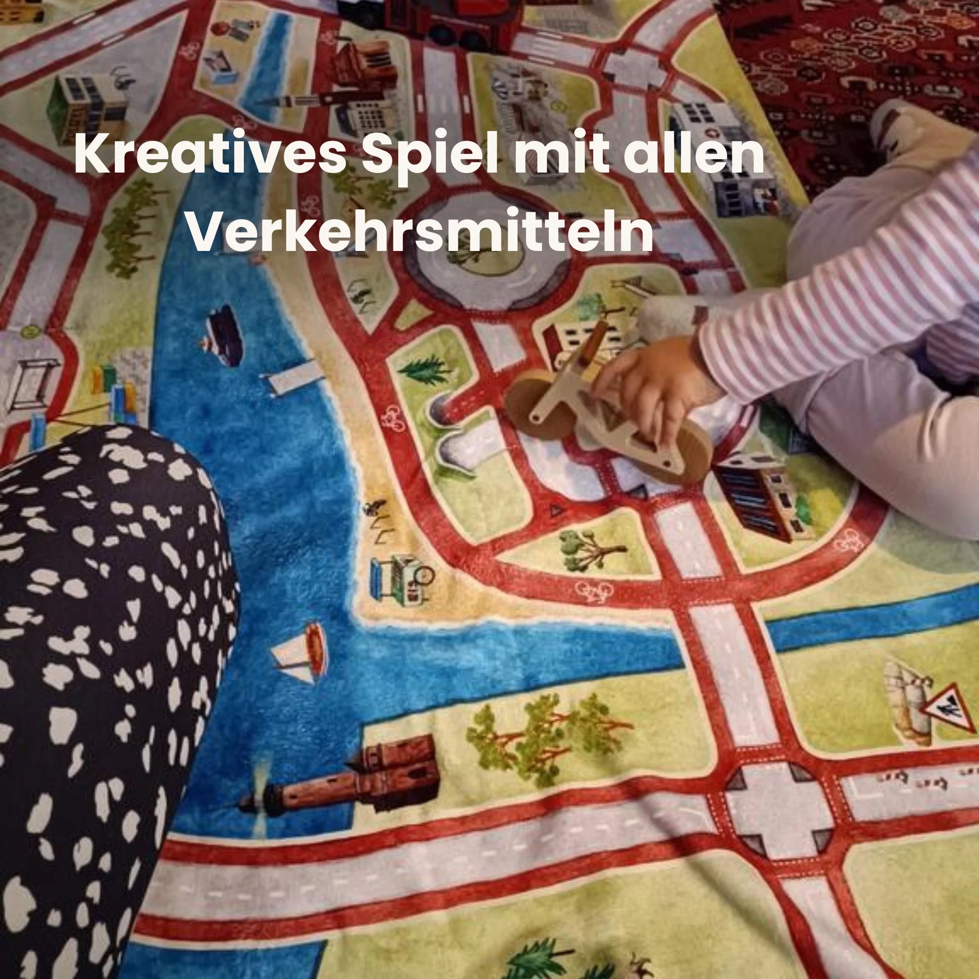 Multifunctional play rug with roads and traffic scenes, perfect for creative playtime and learning.