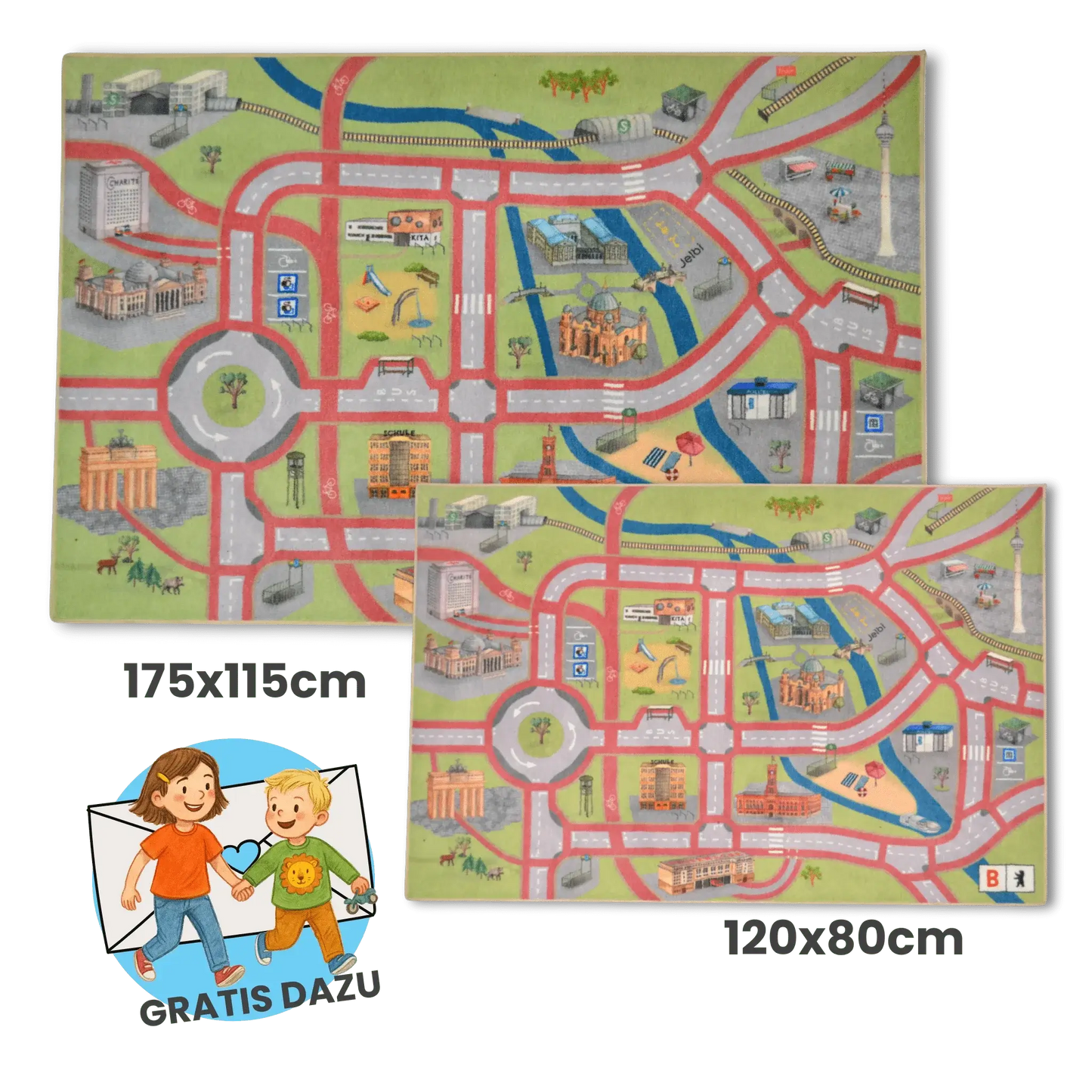 Spielteppich Berlin in zwei Größen mit Stadtmotiven für Kinderzimmer und Kitas, fördert kreatives Spiel und Mobilität.
