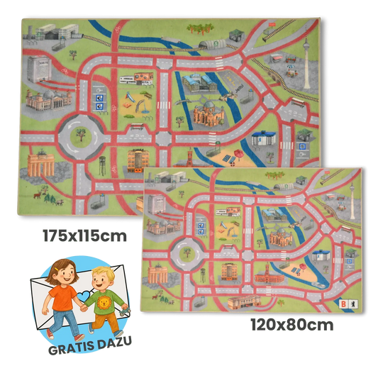 Spielteppich Berlin in zwei Größen mit Stadtmotiven für Kinderzimmer und Kitas, fördert kreatives Spiel und Mobilität.