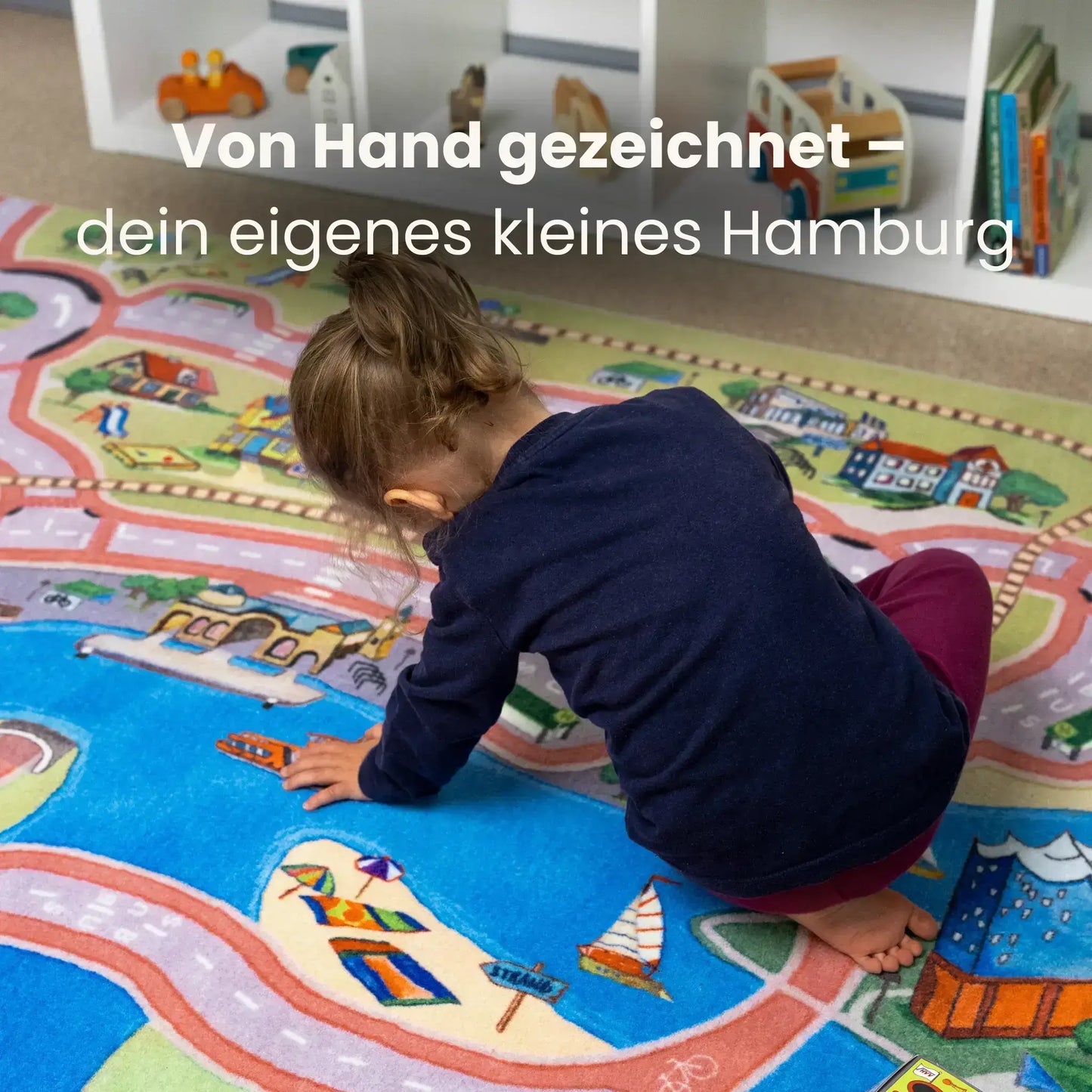 Child playing on a handcrafted Hamburg play rug, showcasing vibrant colors and city motifs, perfect for kids' rooms.