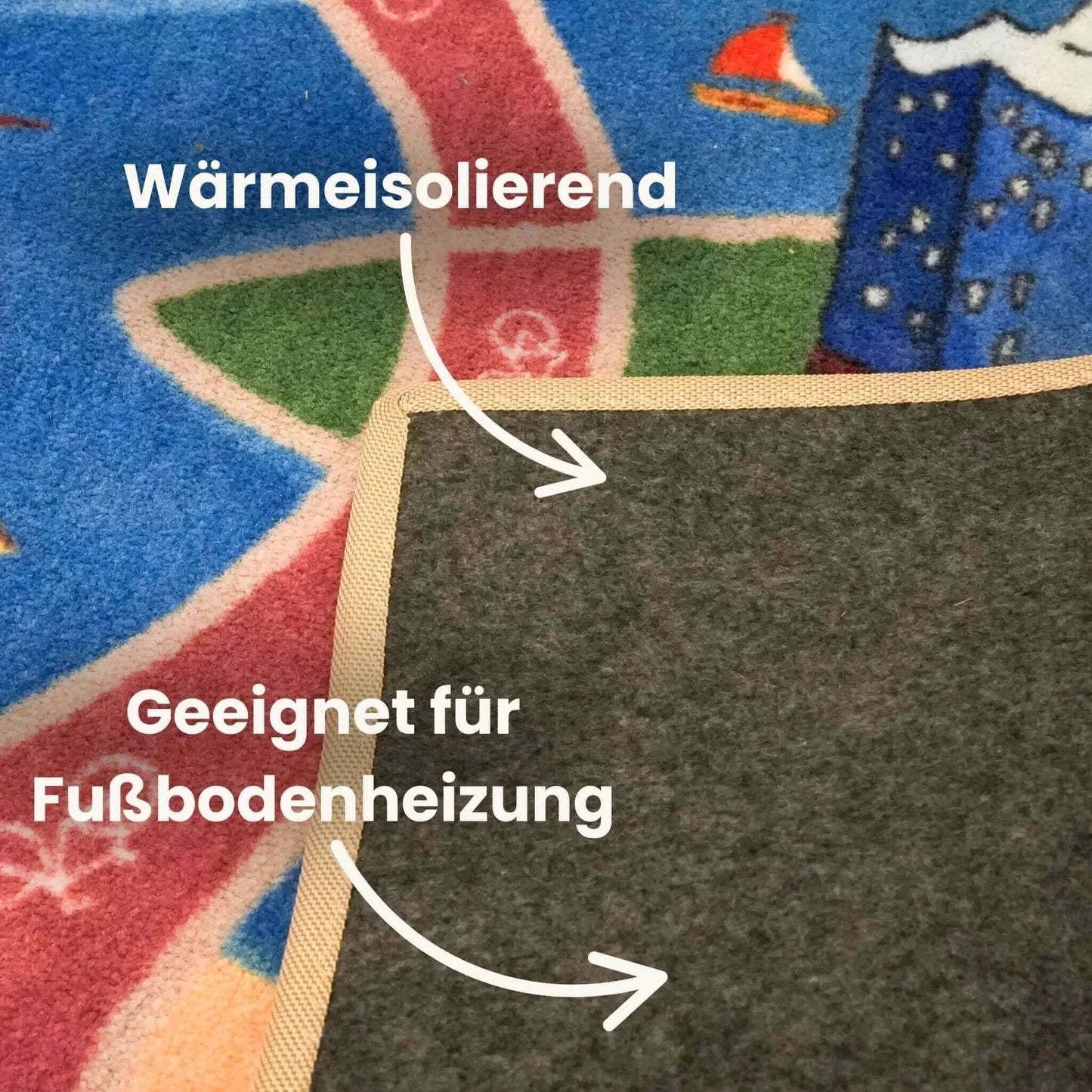 Spielteppich Hamburg detail mit Wärmeschutz und geeignet für Fußbodenheizung.