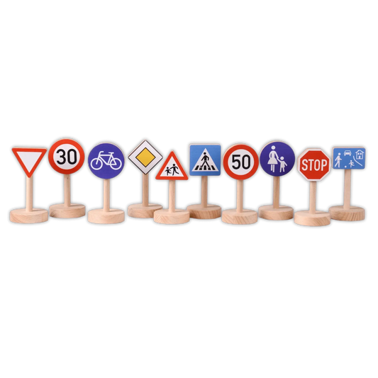 Set of 10 wooden traffic signs for educational playmat, promoting safety and traffic education for children.