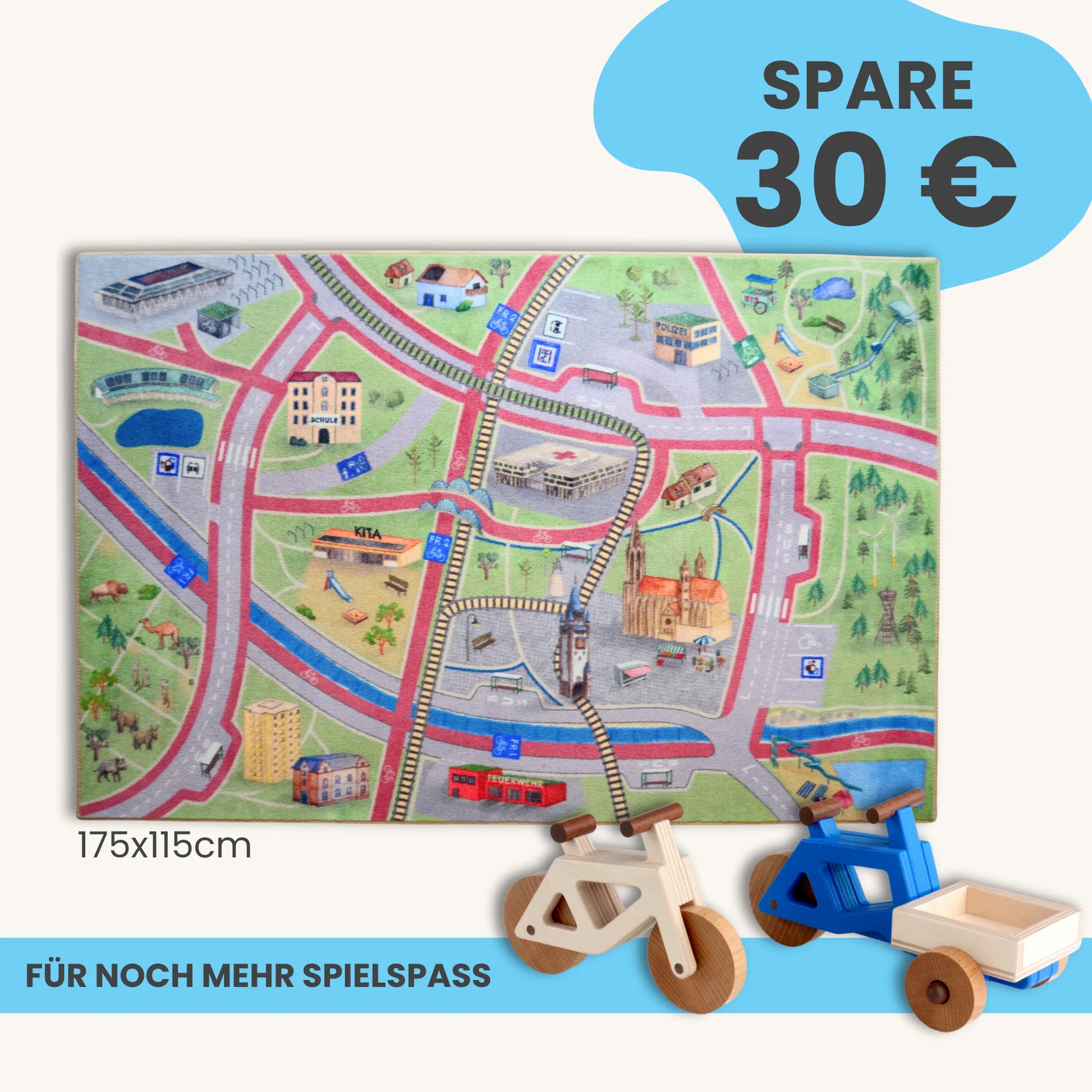 Spielteppich Freiburg 175x115cm im Starter-Set mit Spielstraße und Holzspielzeugen, für kreatives Spielen.