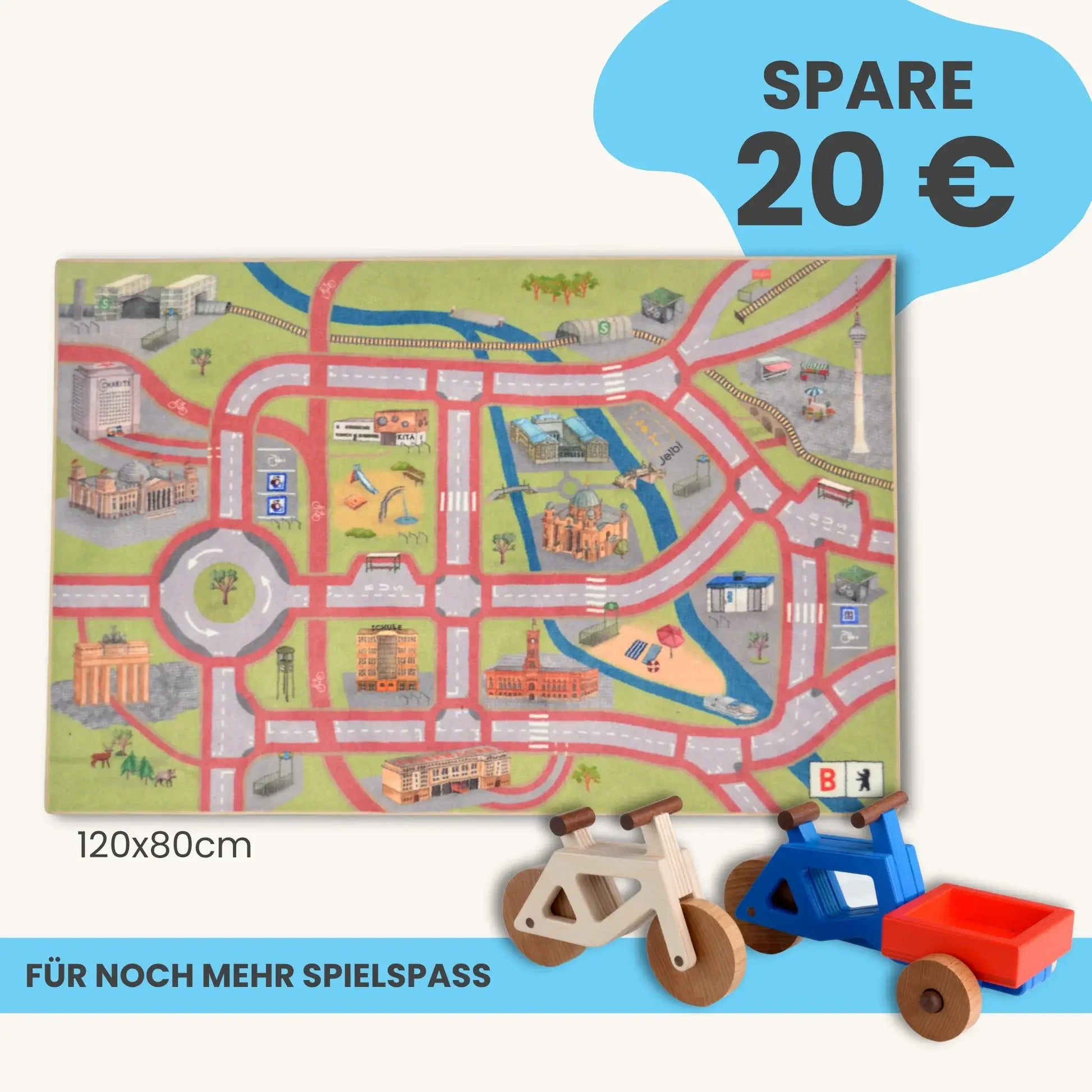 Spielteppich Berlin von Spielwende mit blauem Badge rechts oben "Spare 20€", rechts unten ein Spielzeugfahrrad und ein Lastenrad