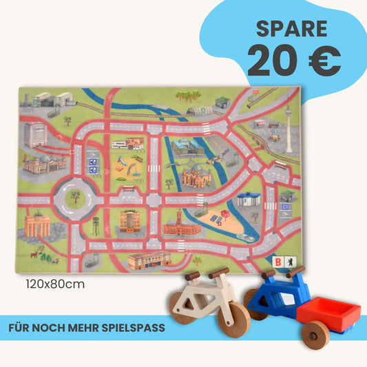 Spielteppich Berlin von Spielwende mit blauem Badge rechts oben "Spare 20€", rechts unten ein Spielzeugfahrrad und ein Lastenrad