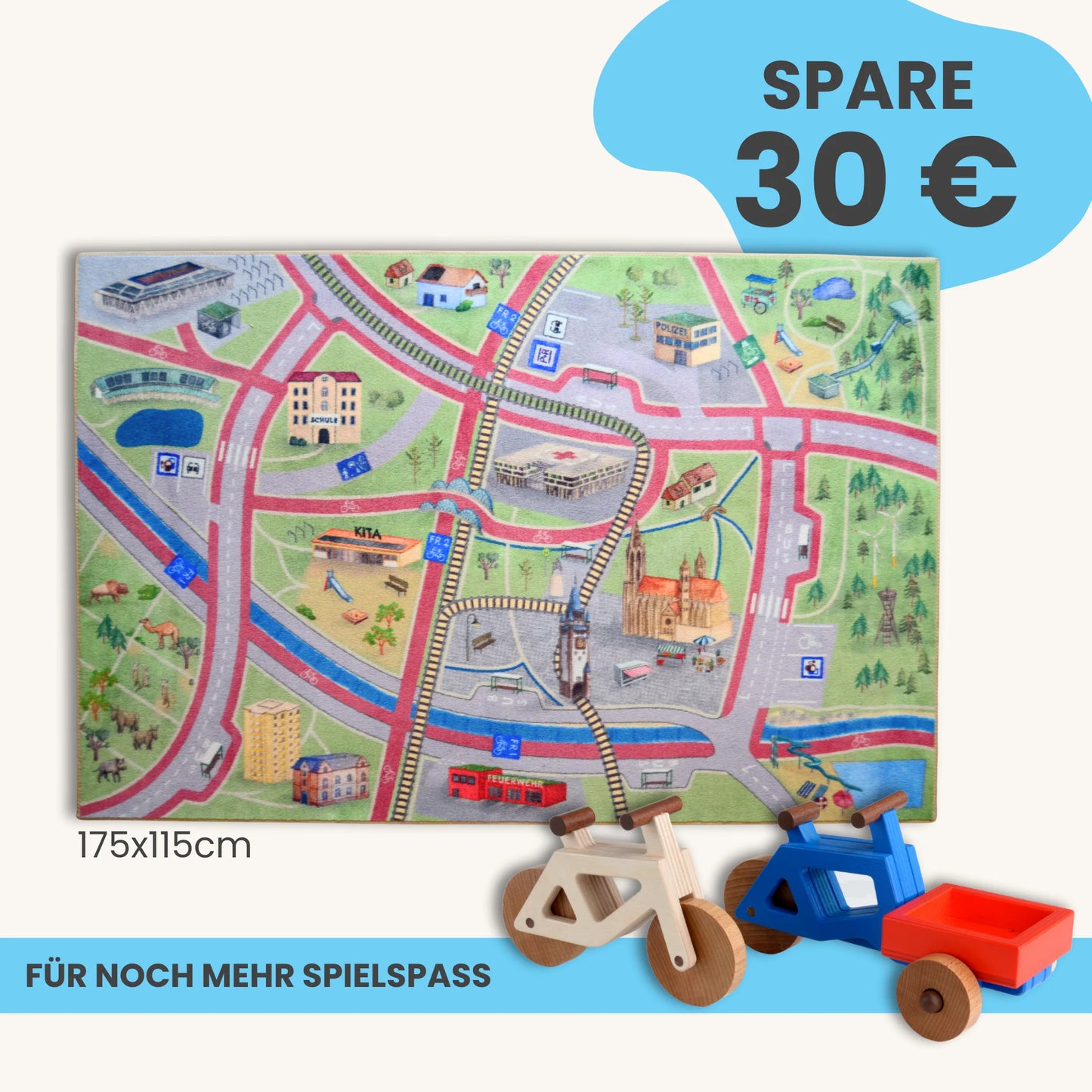 Spielteppich Freiburg 175x115cm mit Stadtmotiven und Spielzeugfahrrädern für noch mehr Spielspaß
