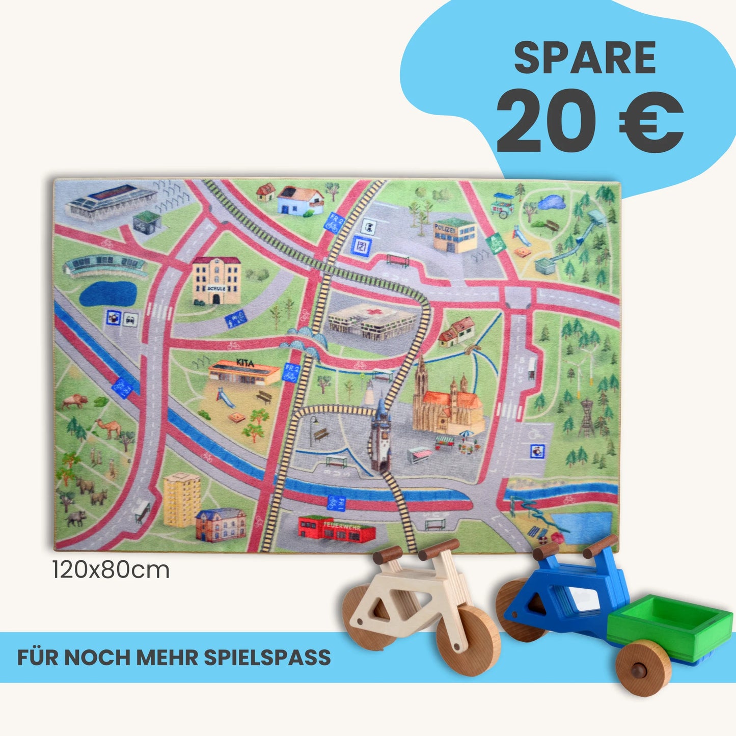Spielteppich Freiburg 120x80cm mit buntem Stadt-Motiv und Spielzeugfahrzeugen für Kinder.