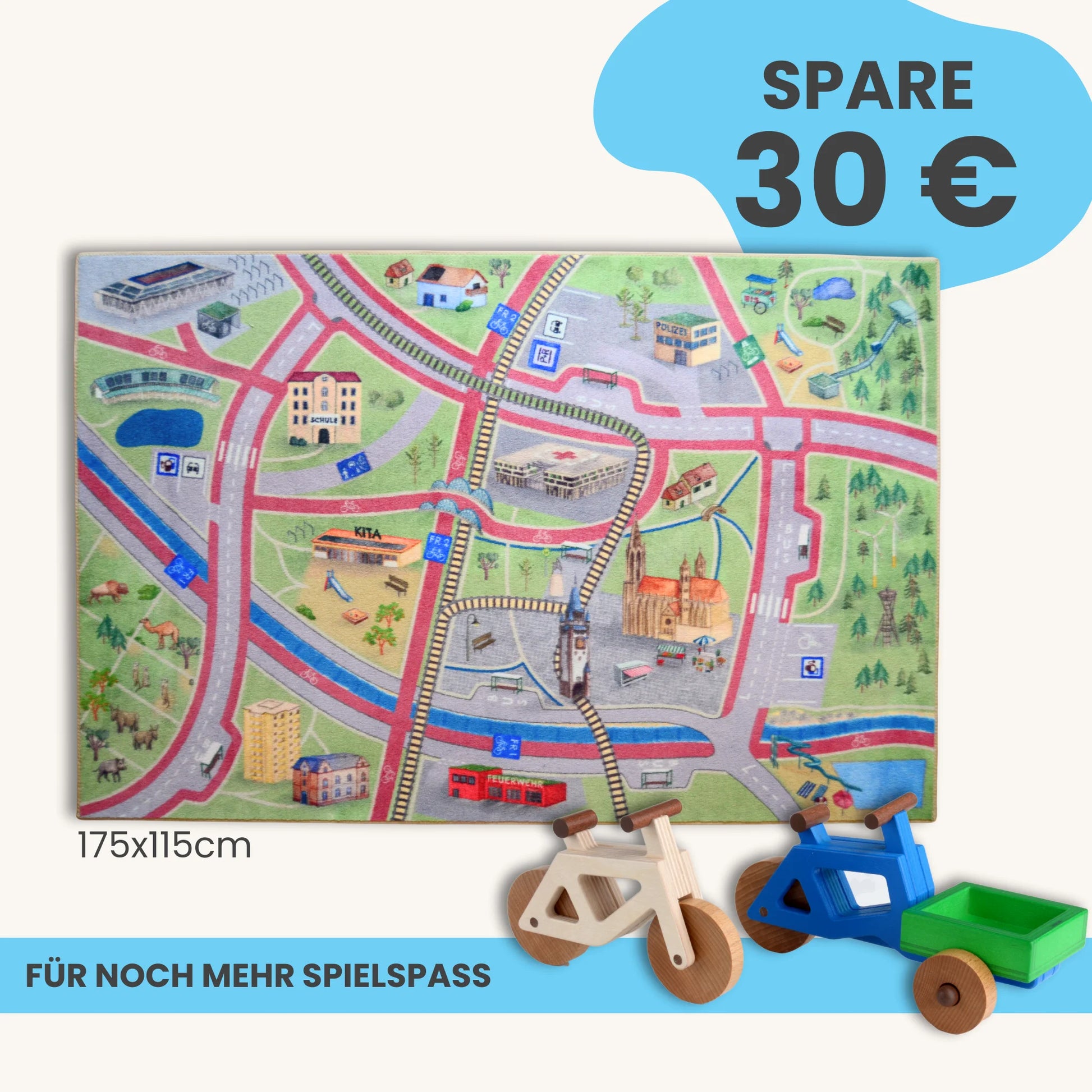 Spielteppich Freiburg 175x115cm mit Straßen und Stadtmotiven für kreatives Spielen