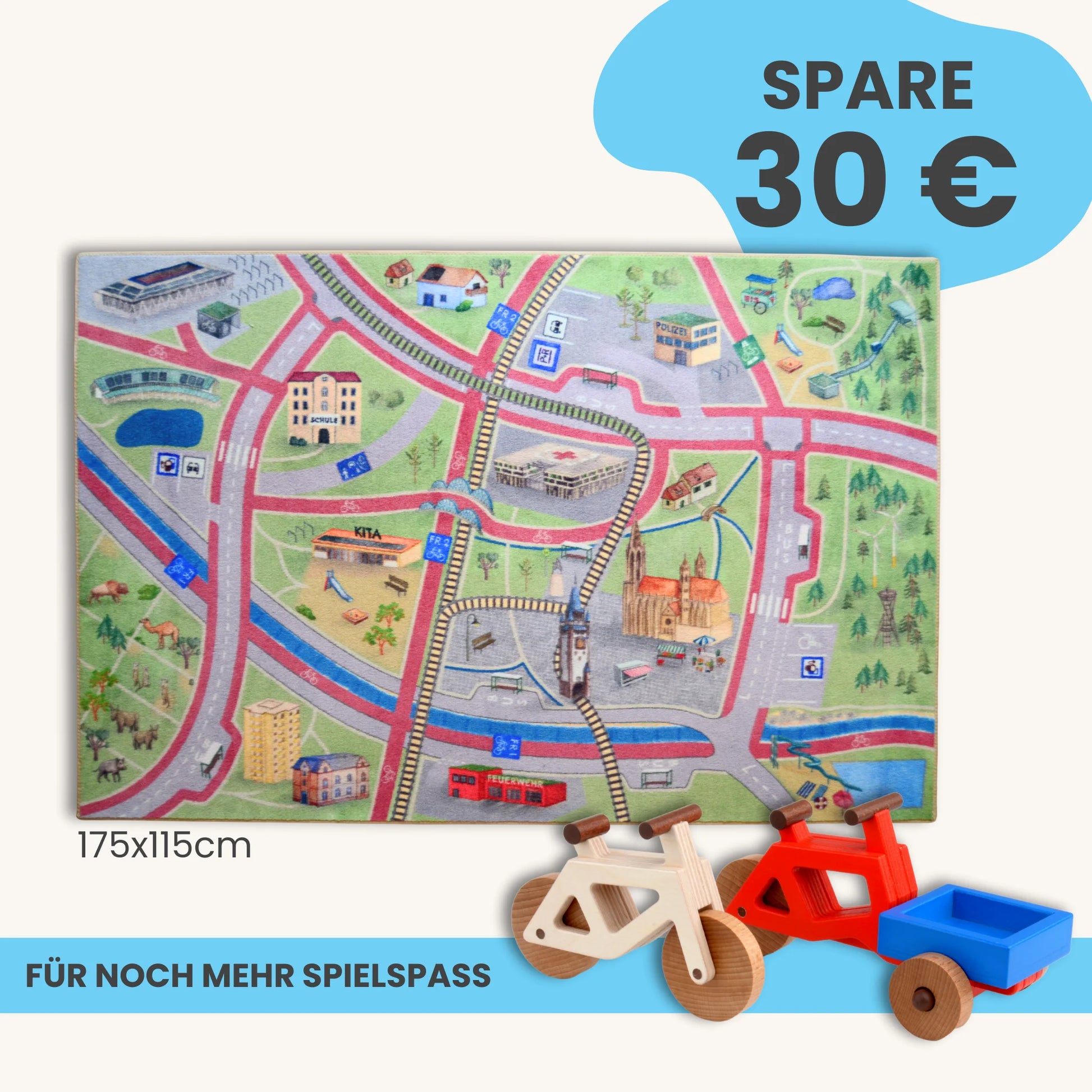 Spielteppich Freiburg 175x115cm mit Stadtmotiven und Spielzeugautos für kreatives Spielvergnügen