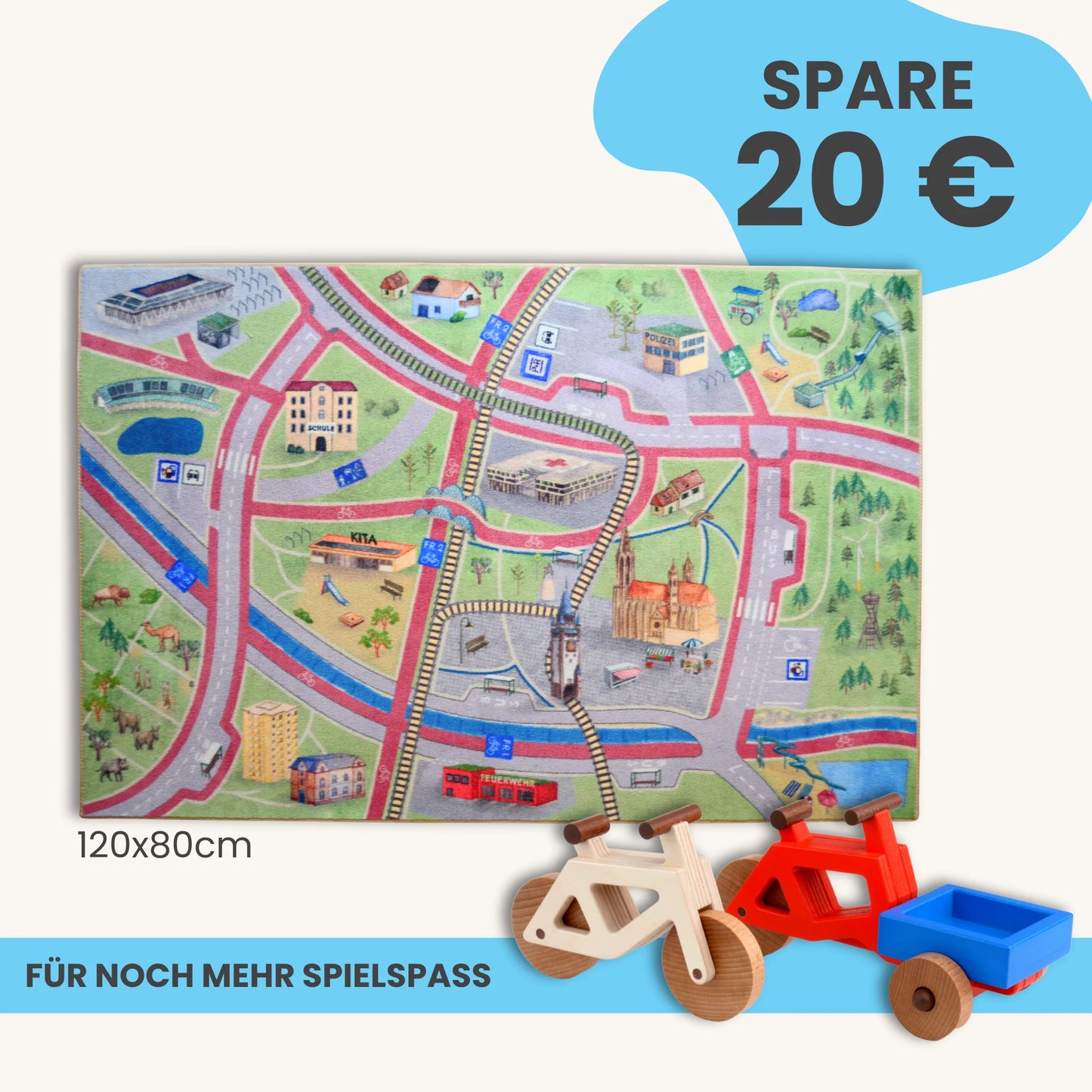Spielteppich Freiburg 120x80cm im Starter-Set mit Holzspielzeug für kreativen Spielspaß.