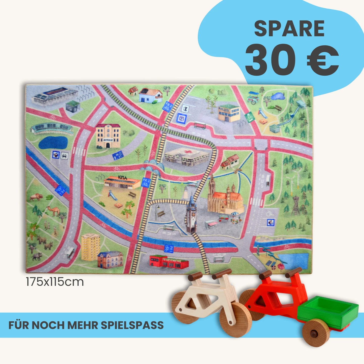 Spielteppich Freiburg 175x115cm mit Stadtmotiven und Holzspielzeug für nachhaltigen Spielspaß.