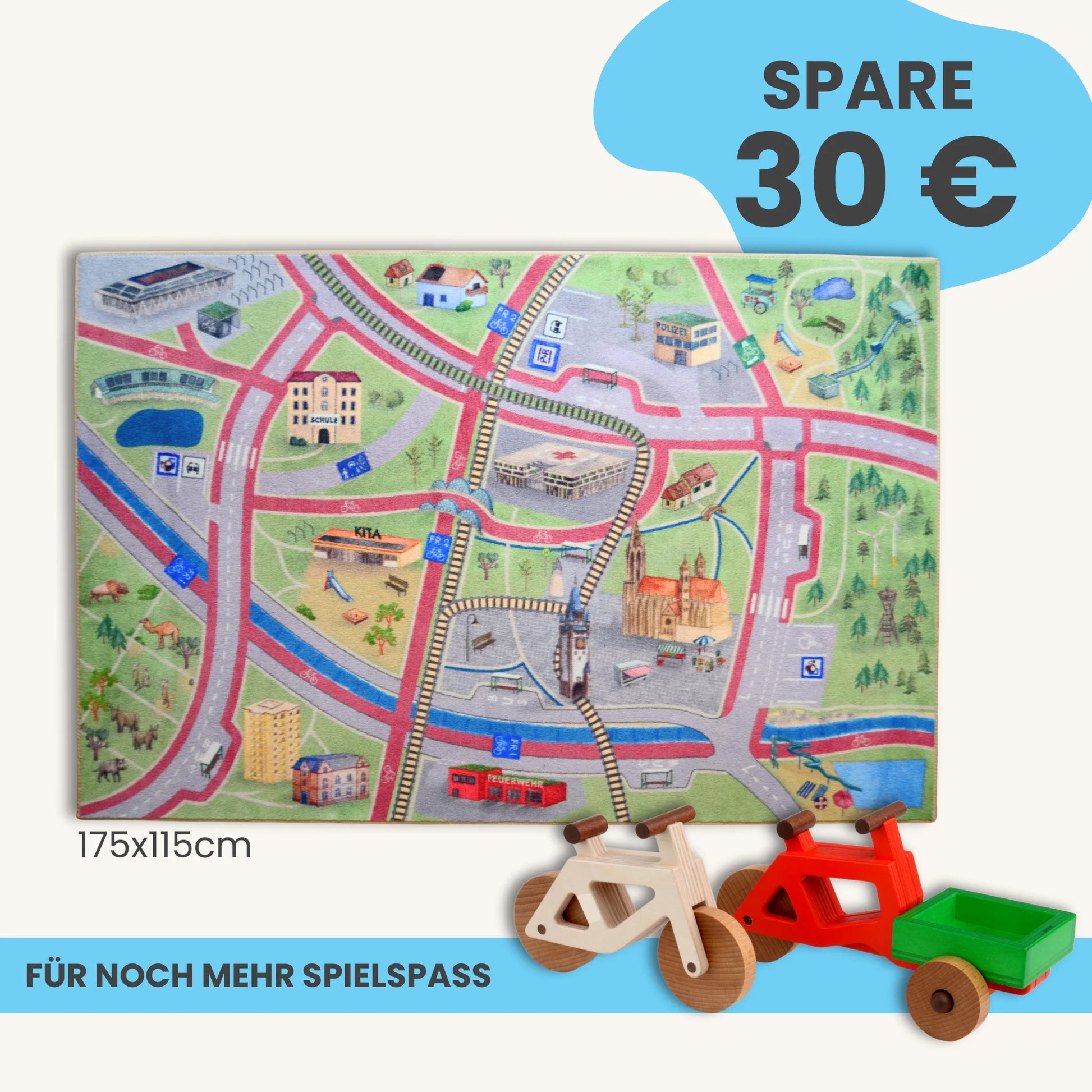 Spielteppich Freiburg 175x115cm mit Stadtmotiven und Holzspielzeug für nachhaltigen Spielspaß.