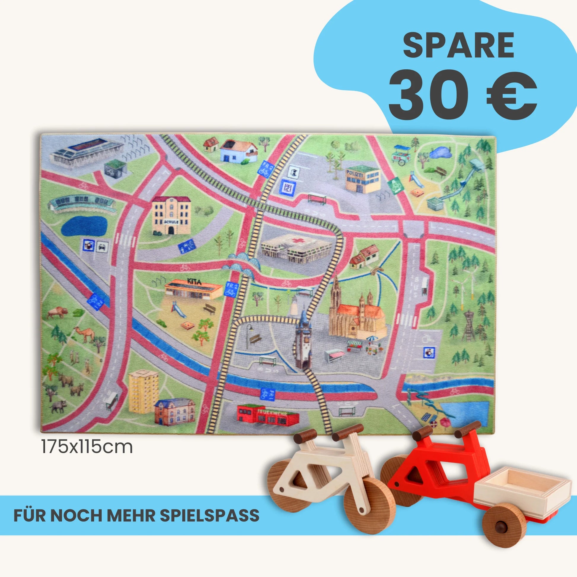 Spielteppich Freiburg 175x115cm mit handgemalten Motiven, bietet viel Spielspaß für Kinder im Starter-Set.