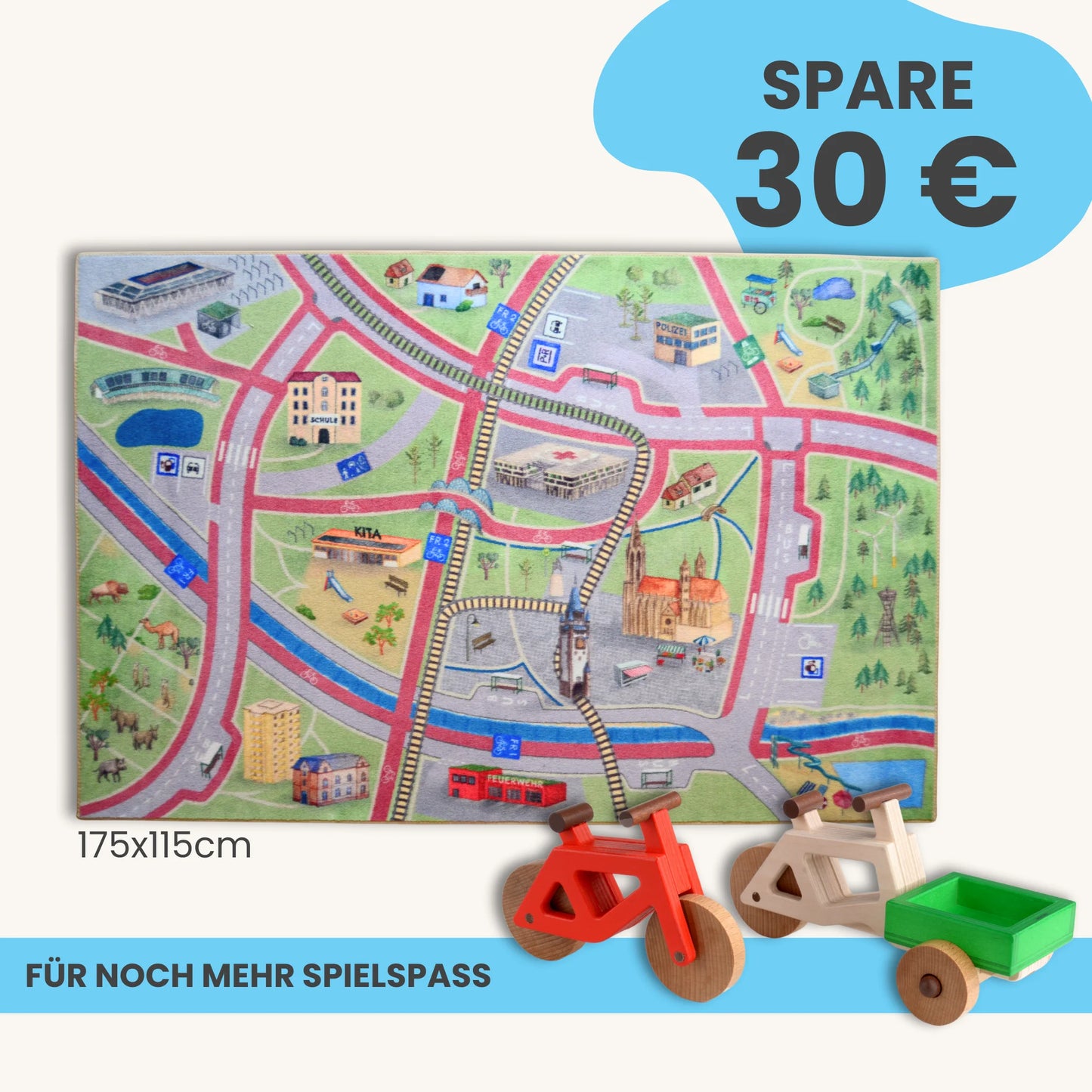 Spielteppich Freiburg 175x115cm mit Stadtmotiven für kreatives Spielen im Kinderzimmer
