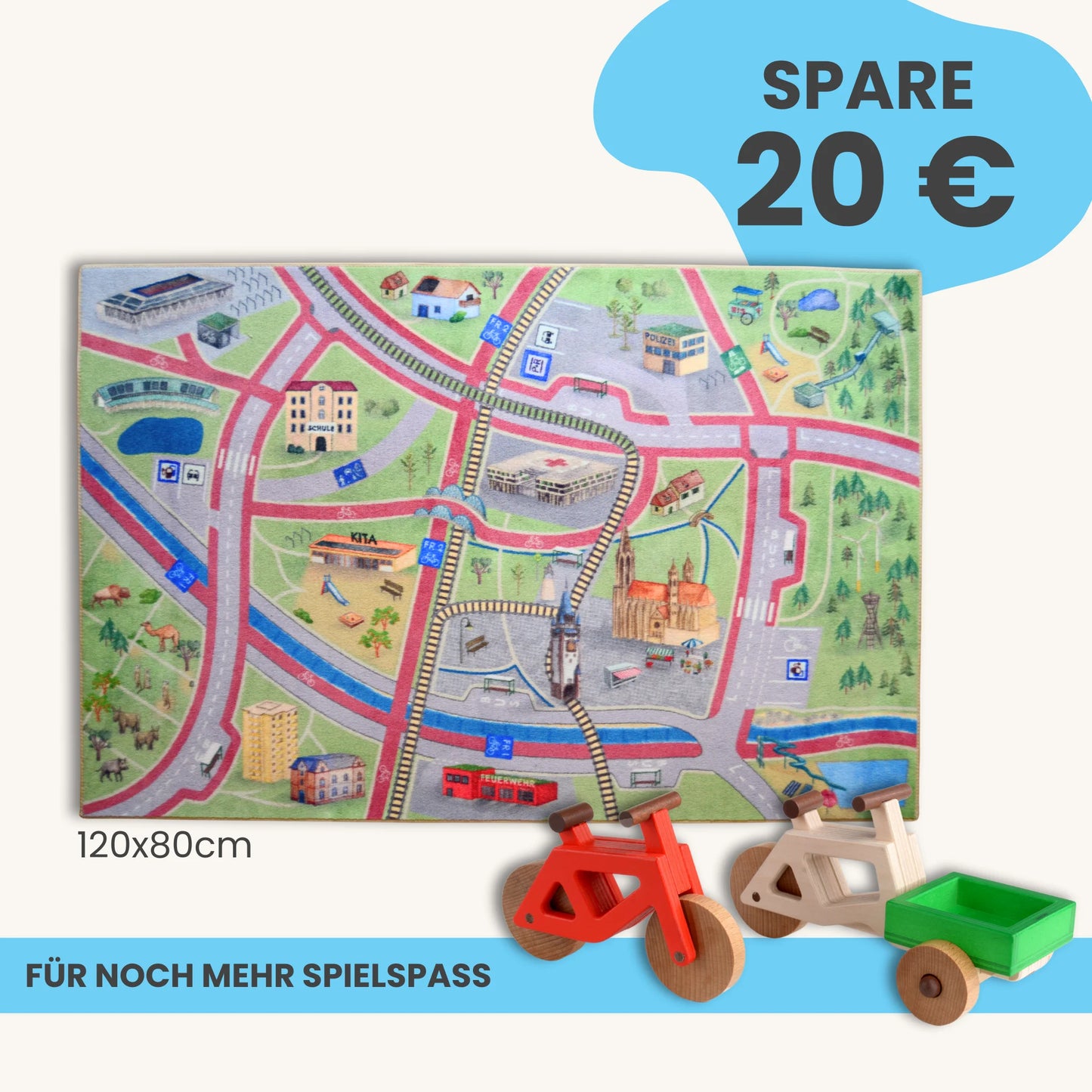 Spielteppich Freiburg 120x80cm im Starter-Set mit Straßen und Spielzeugfahrzeugen