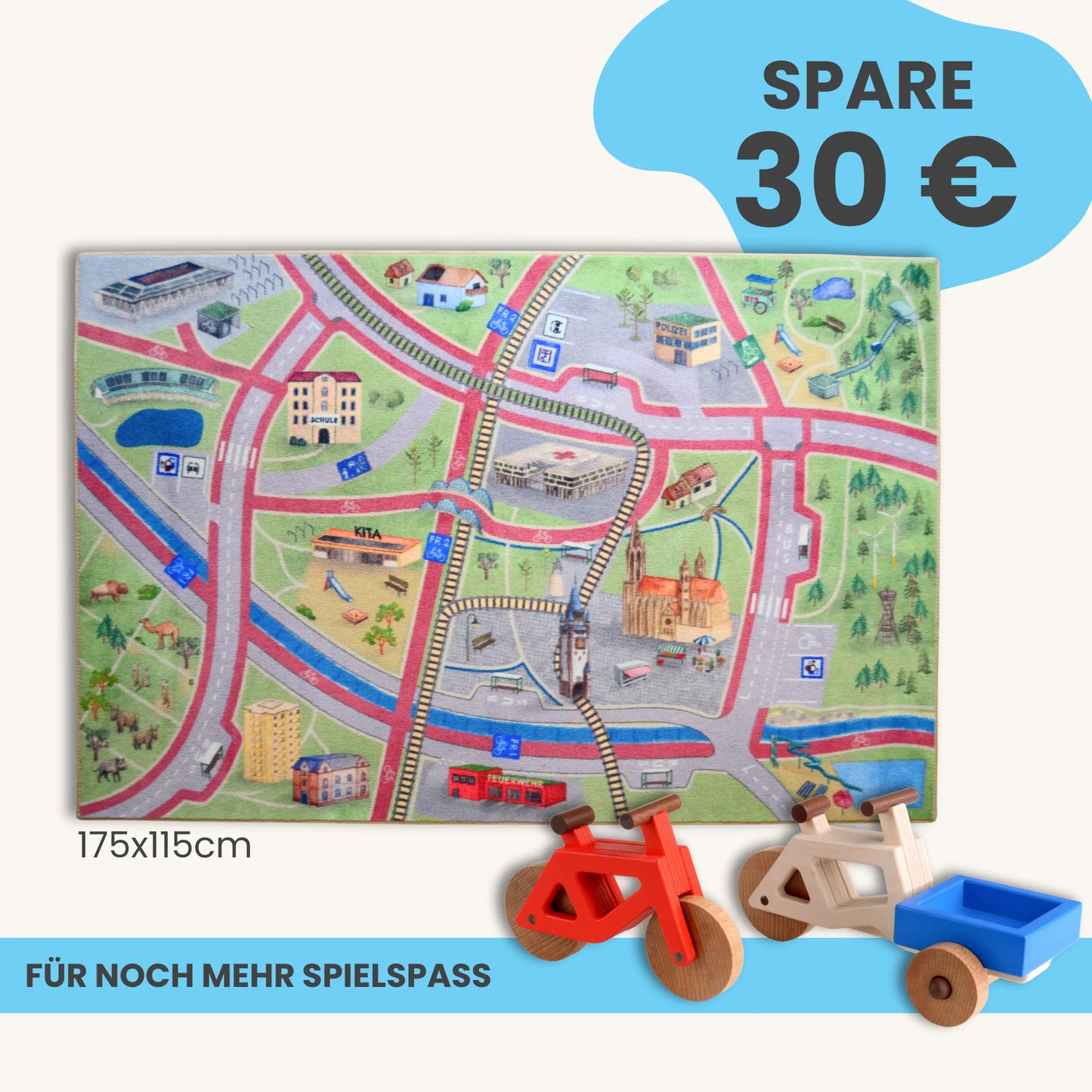 Spielteppich Freiburg 175x115cm im Starter-Set mit Stadtmotiven und Spielzeugfahrzeugen