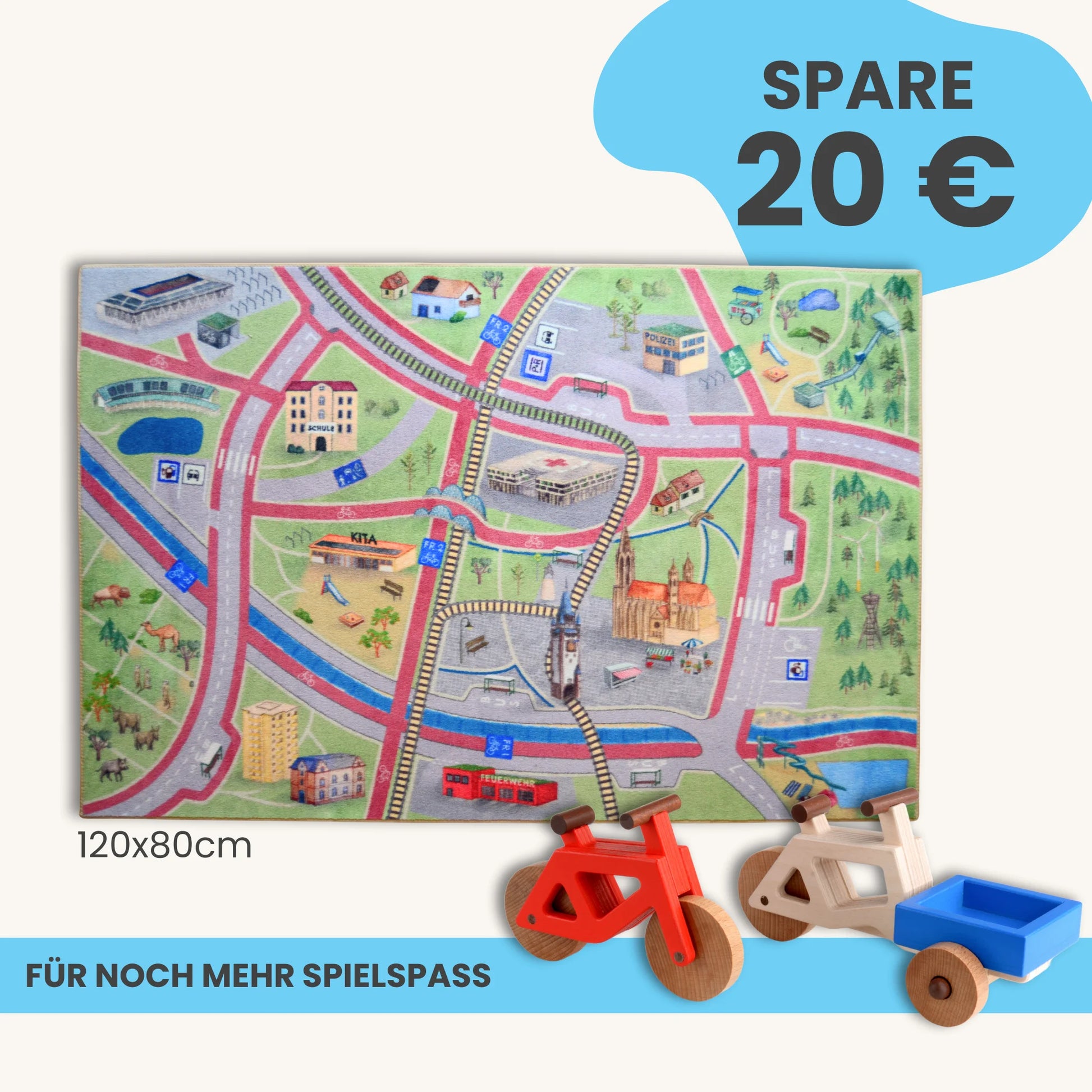 Spielteppich Freiburg 120x80cm mit Spielzeug, ideal für kreatives Spielen und Spaß.