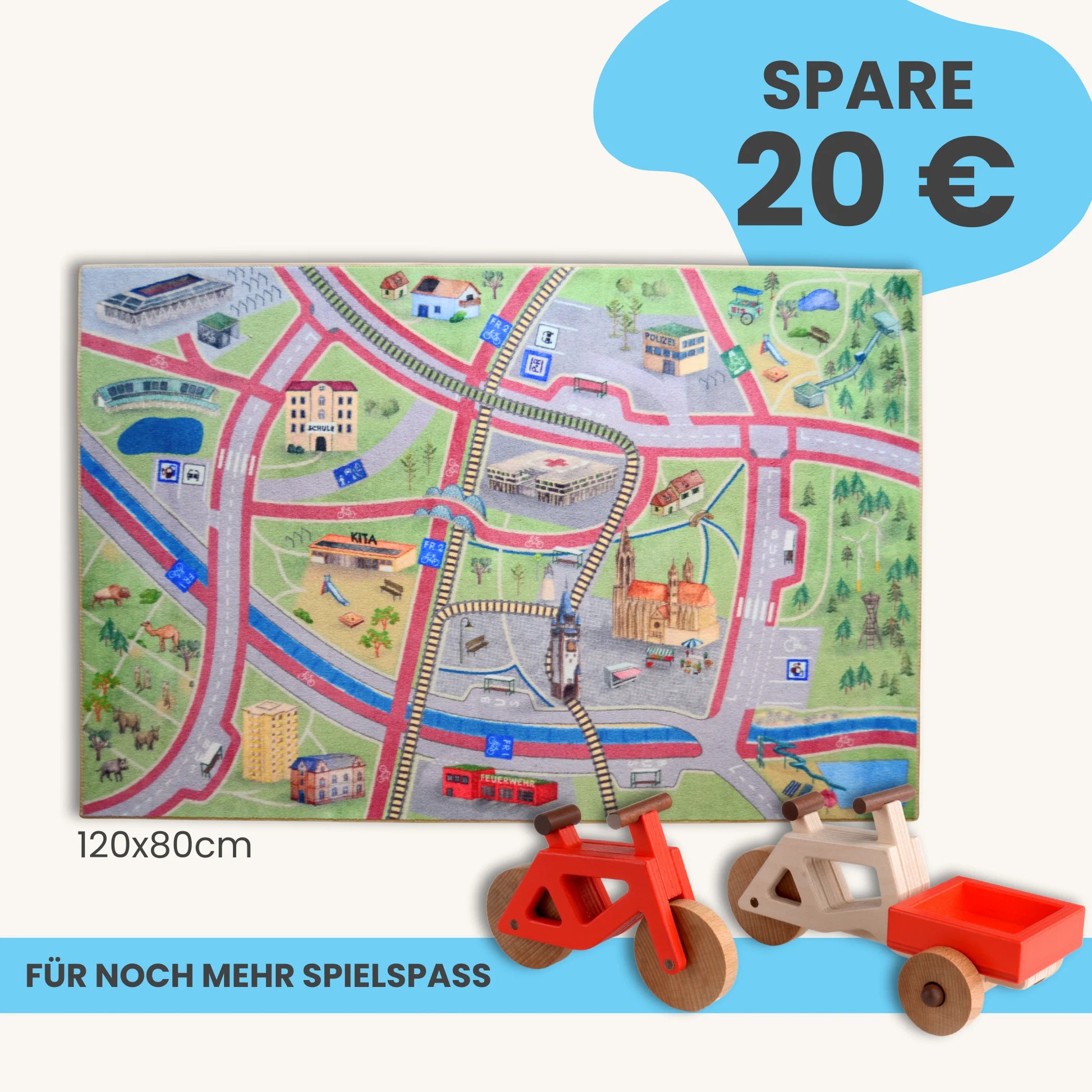 Spielteppich Freiburg 120x80cm im Starter-Set mit Spielzeugfahrzeugen für Kinder.